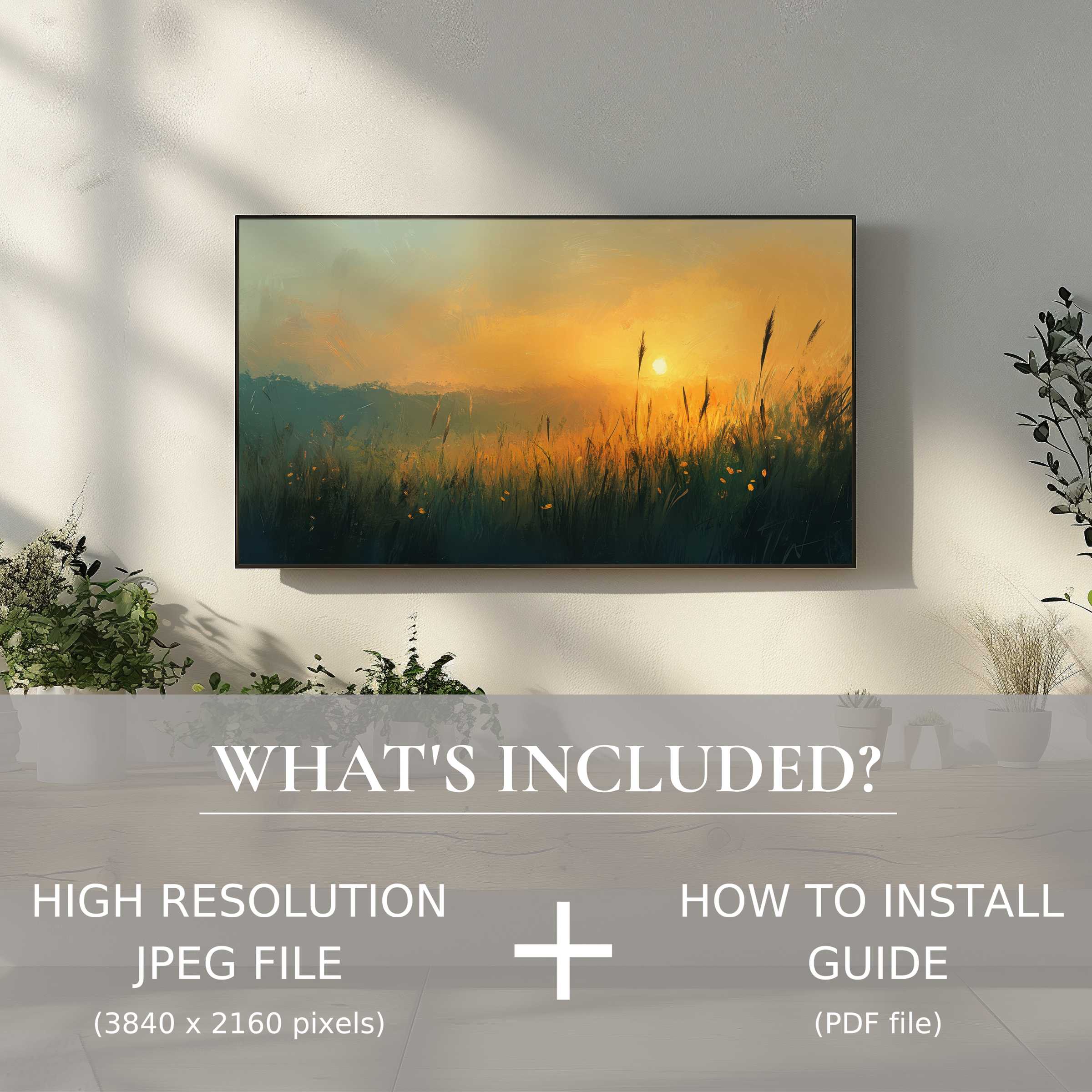 Elegant landscape digital TV art download enhances living spaces with easy digital use and serene sunset imagery