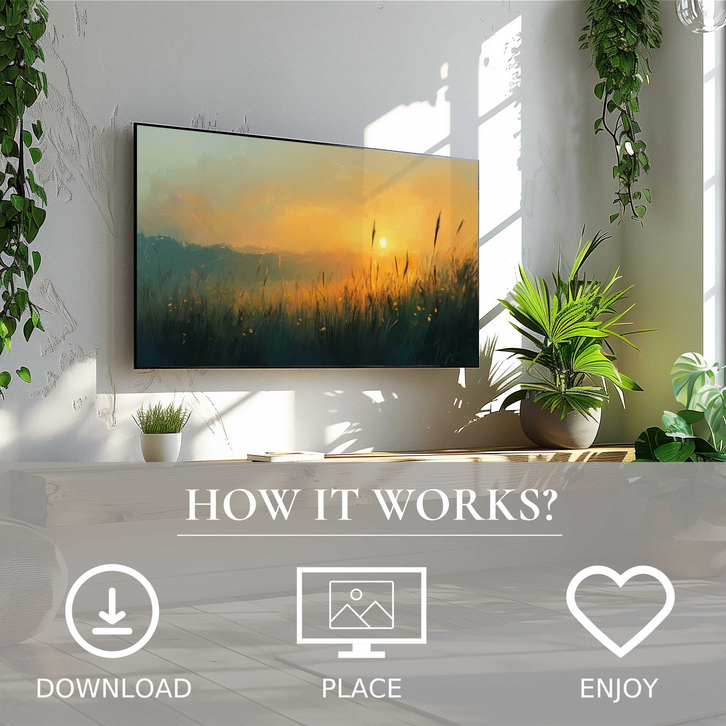 Modern living space with landscape art for Samsung TV in soft sunset tones; easy digital download enriches decor