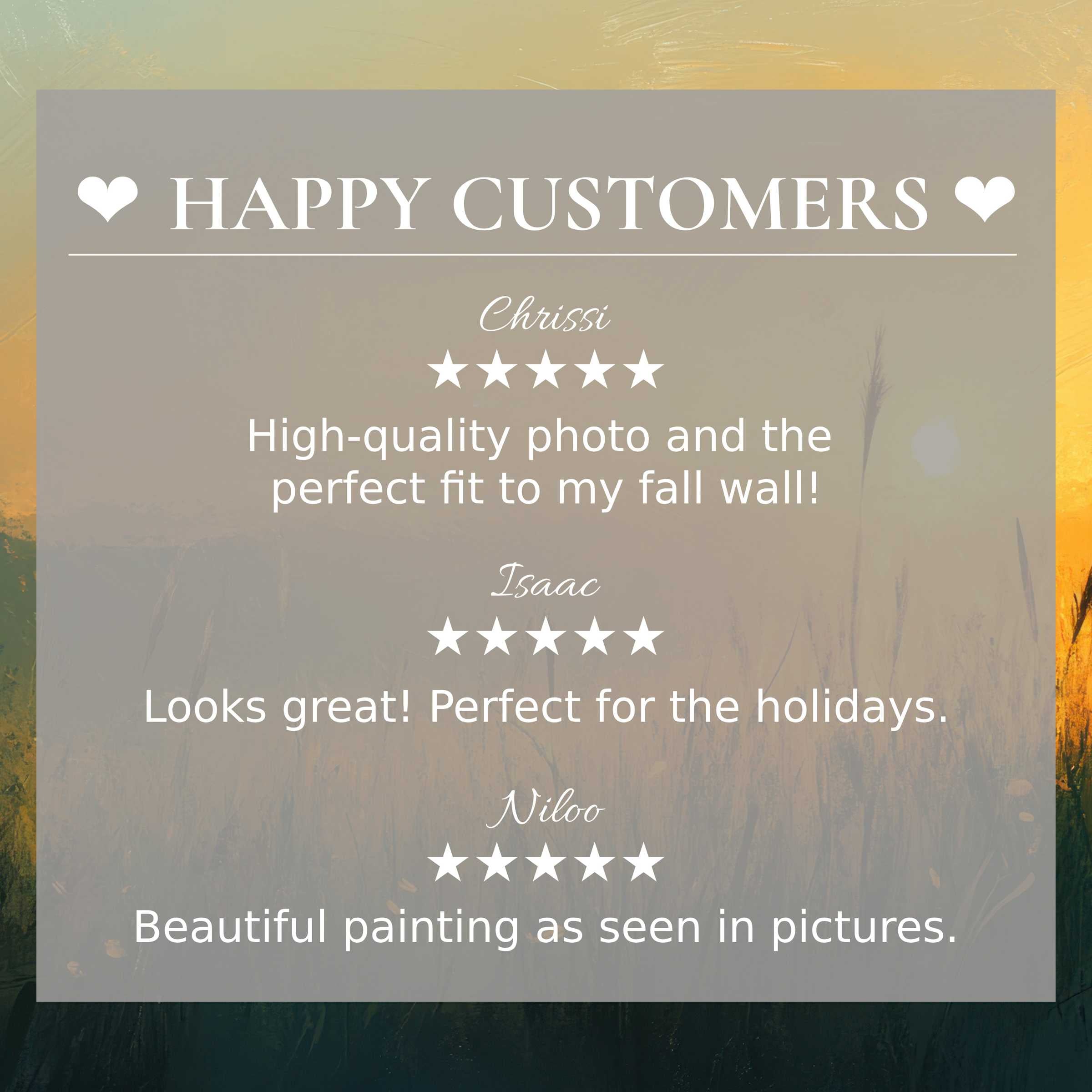 Elegant landscape art for Frame TV with abstract sunset hues, showcasing happy customer reviews to inspire trust and style