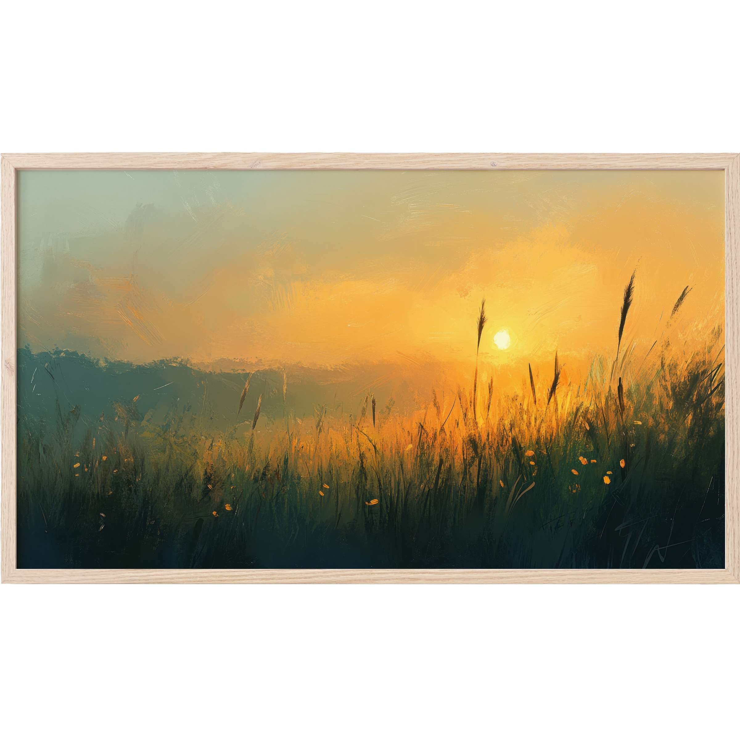 Landscape Frame TV Art depicting a warm sunset over tall grasses in soft, painterly shades of gold and green