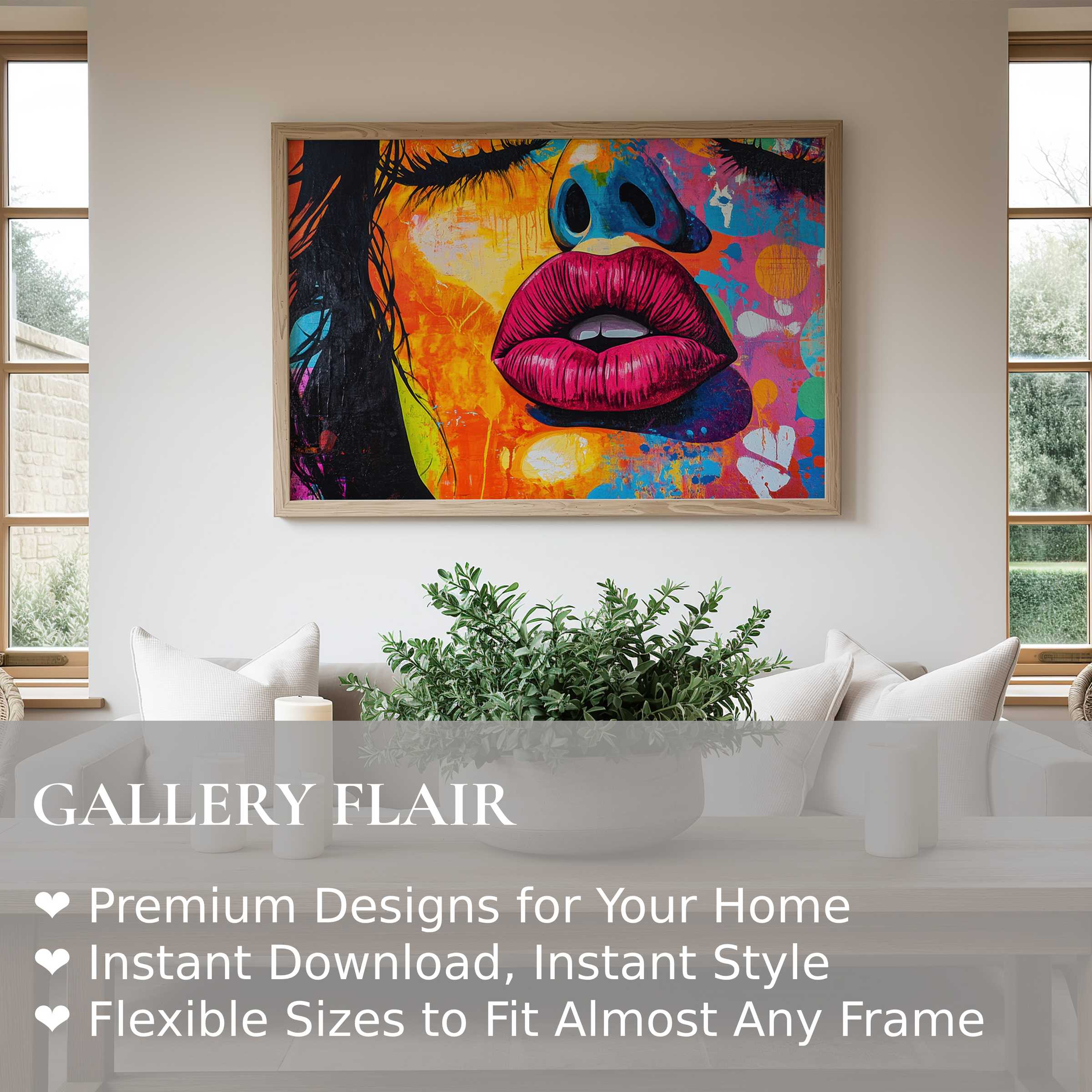 Vibrant pop art wall art print featuring bold lips and abstract face in a modern, chic living space, elevating contemporary decor