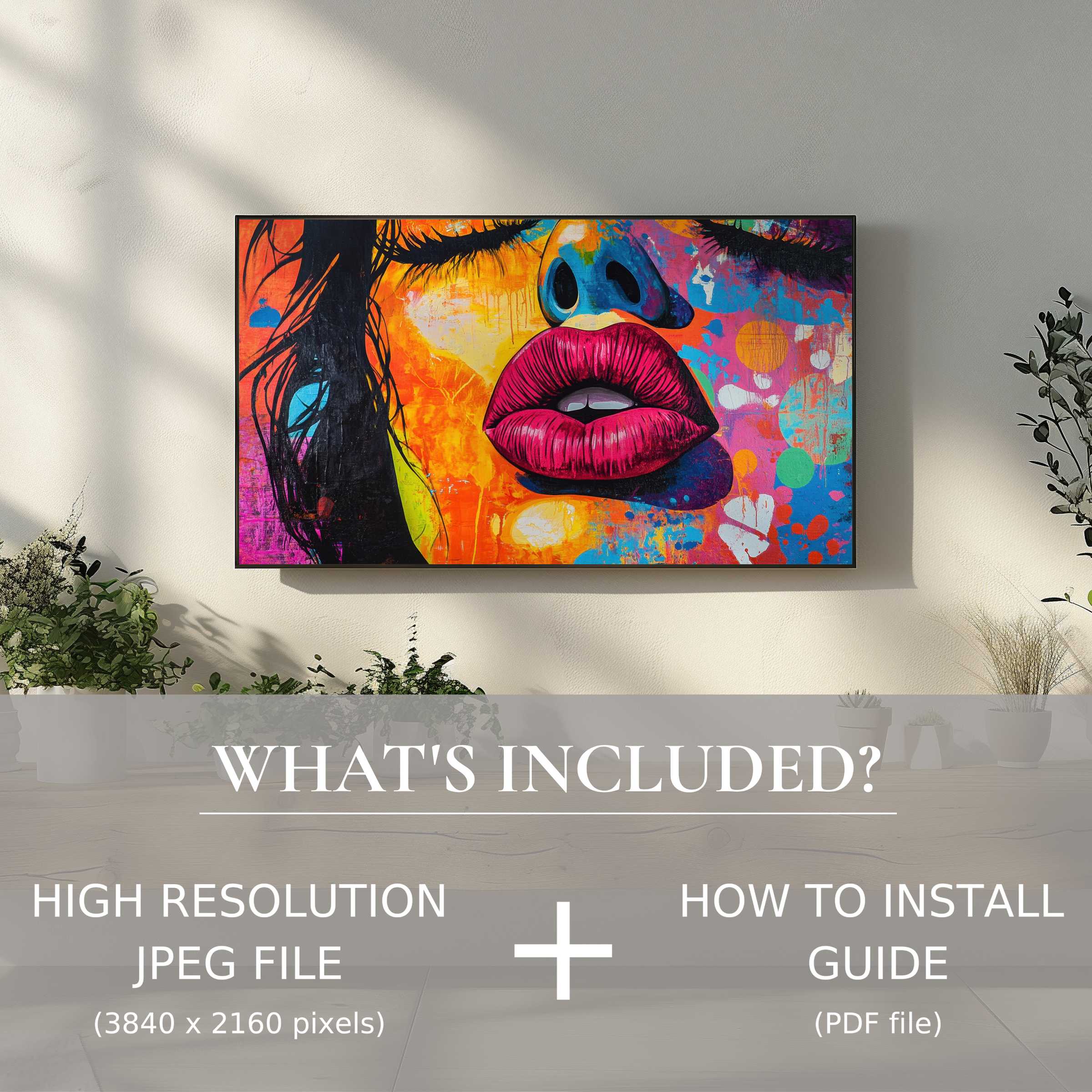 Modern living room with vibrant pop art digital TV art download, easy digital use enhances your stylish space