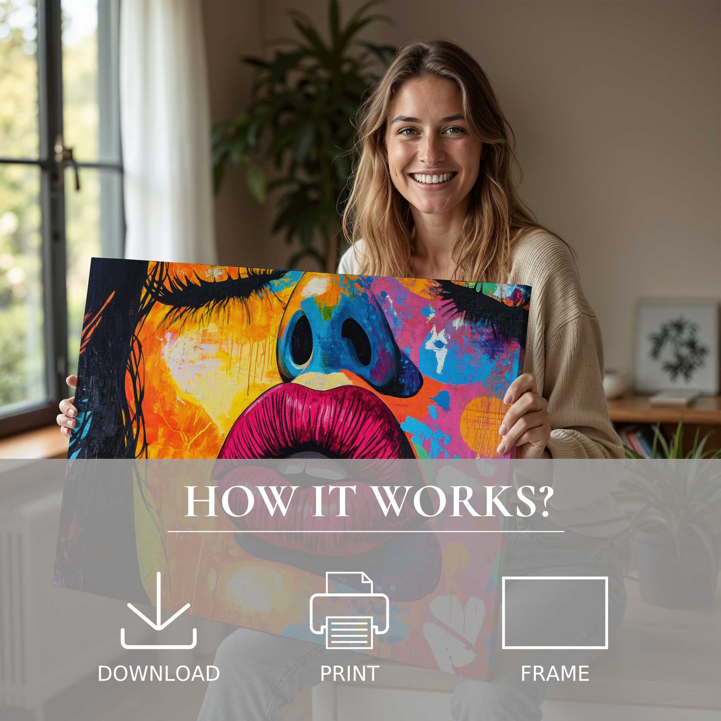 A radiant moment of connection with vibrant pop art digital art print, elevating serene modern interiors with effortless elegance