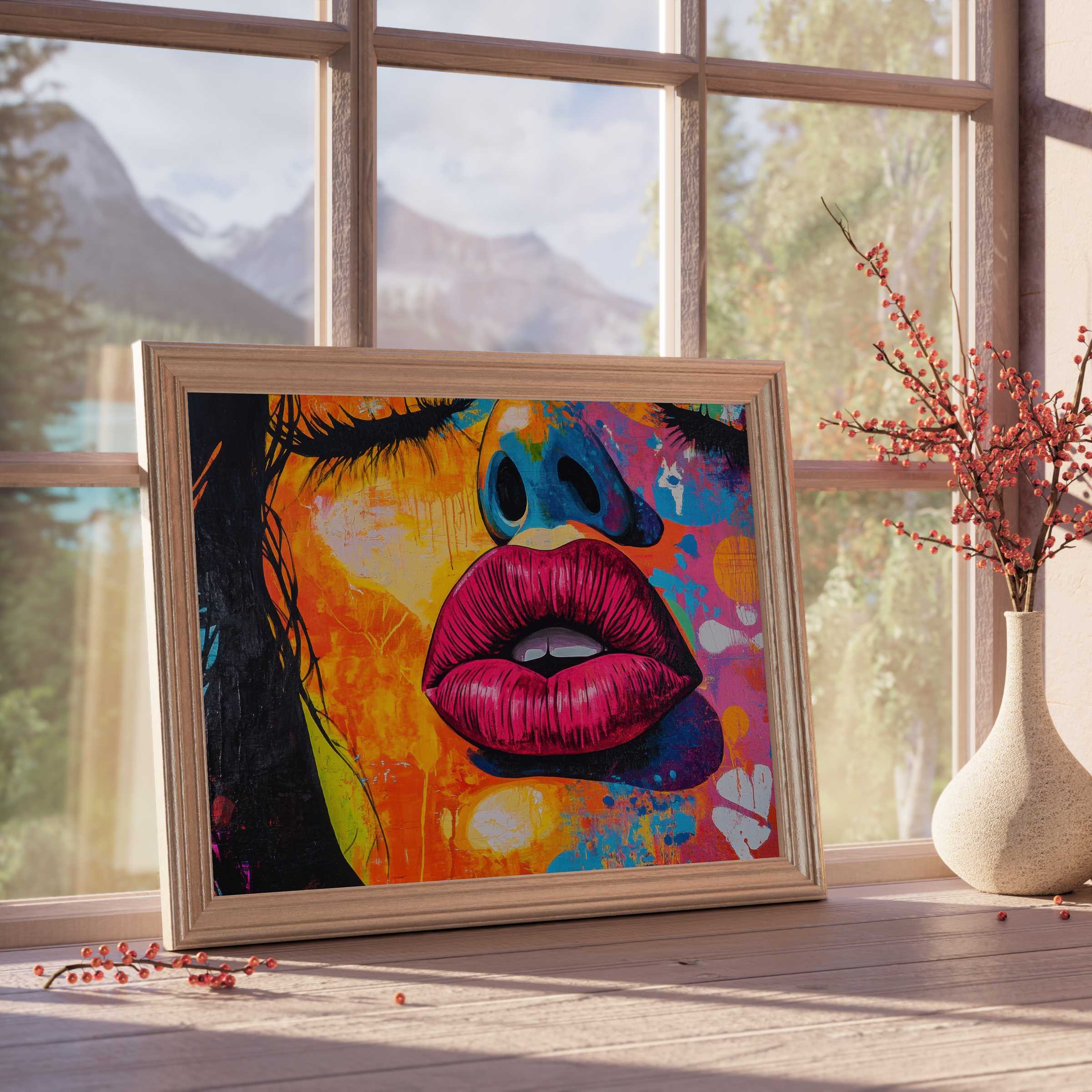 Vibrant pop art downloadable art of expressive lips in bold hues, perfect for elevating curated, modern interiors with dynamic color and style