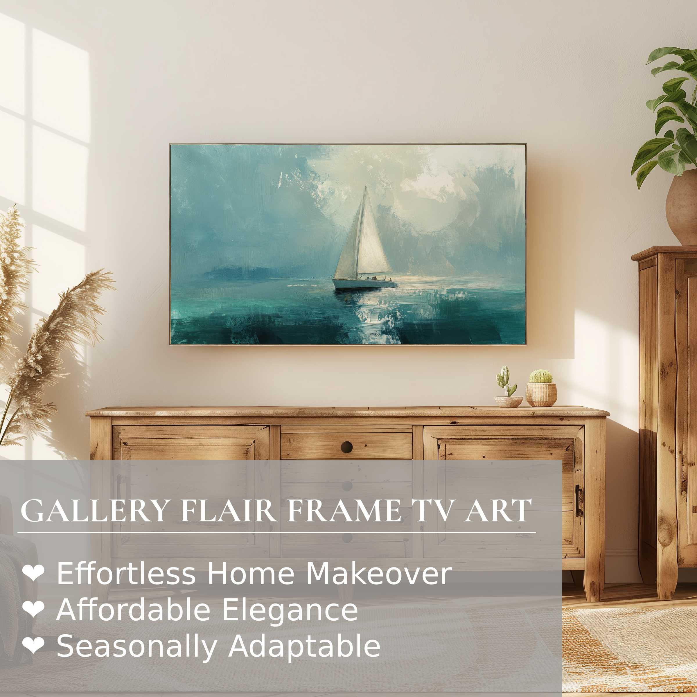 Modern coastal scene in serene hues on Samsung Frame TV, showcasing elegant summer digital artwork perfect for refined decor