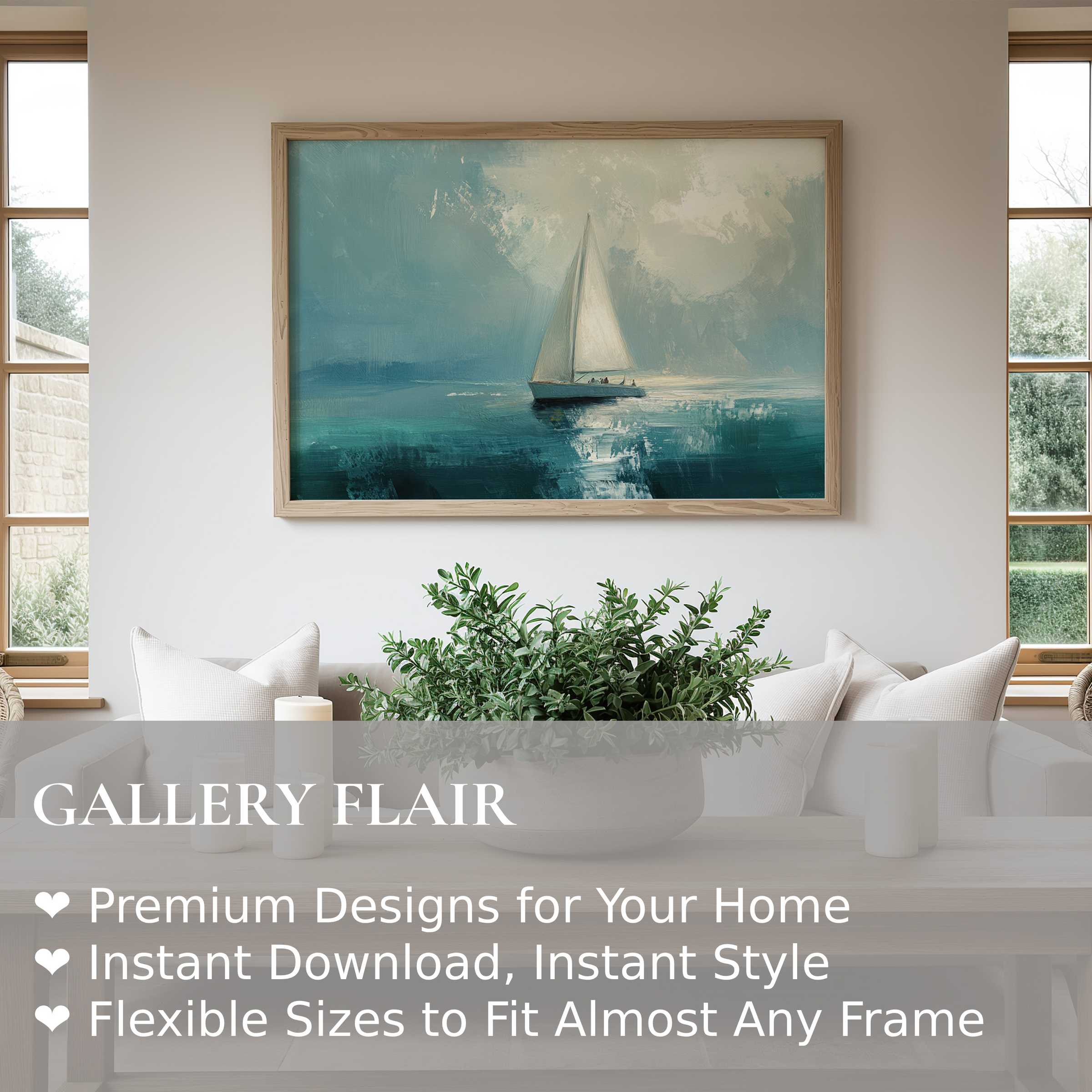 Summer wall art print featuring a serene sailboat gliding on tranquil blue waters, enhancing modern coastal and minimalist interiors with calming elegance