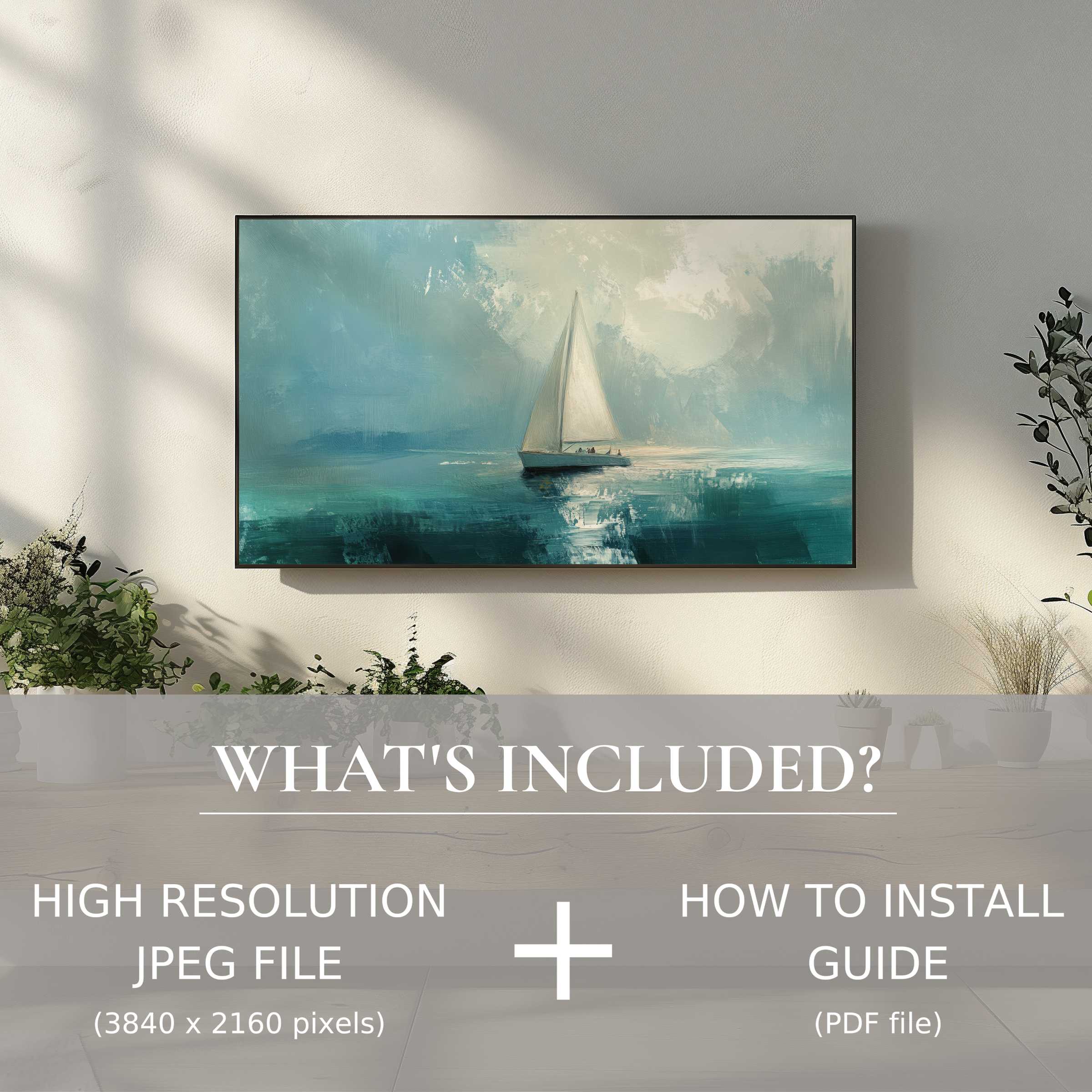 Elegant summer digital TV art download of serene sailboat scene, easy to install, enhances any stylish living space