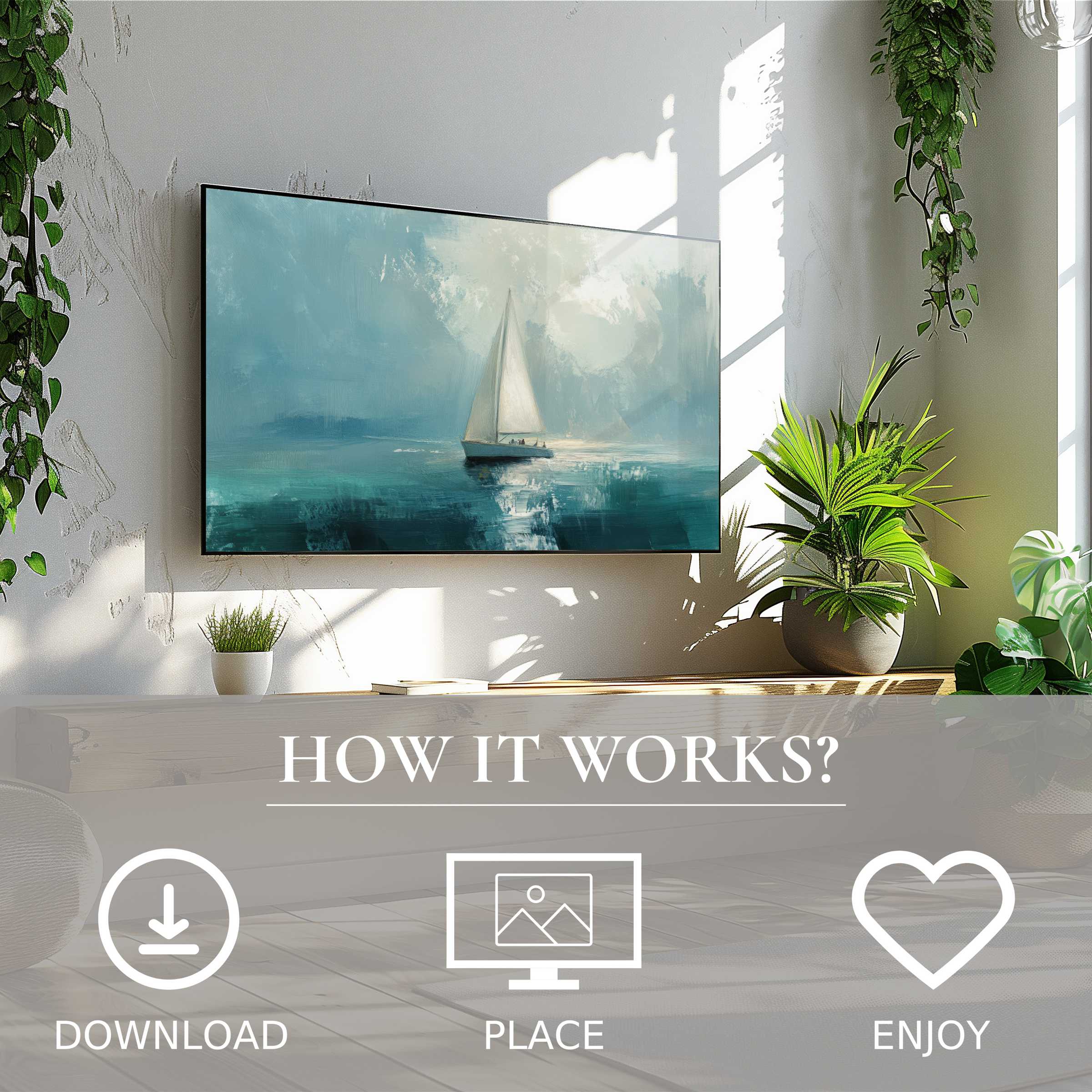 Summer art for Samsung TV: Digital download eases decor with soft sunset tones and serene sailboat motif