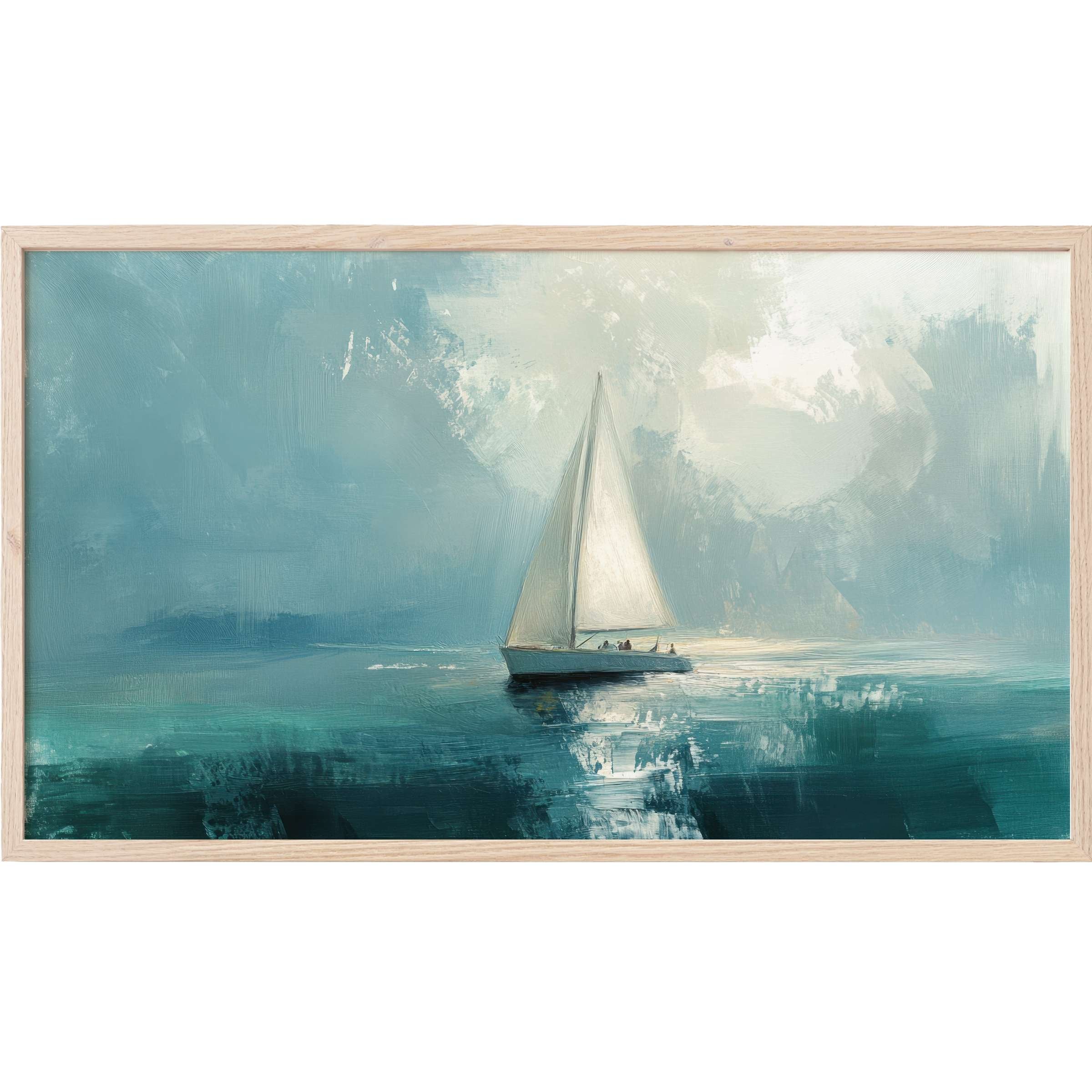 Serene sailboat on turquoise sea with soft clouds, an elegant, modern summer Frame TV Art for stylish spaces