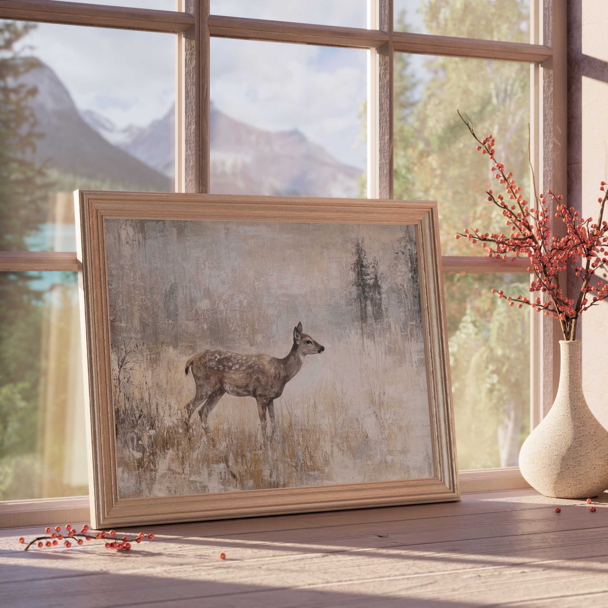 Vintage downloadable art capturing a serene fawn in muted earth tones, elevating tranquil, curated spaces with timeless charm