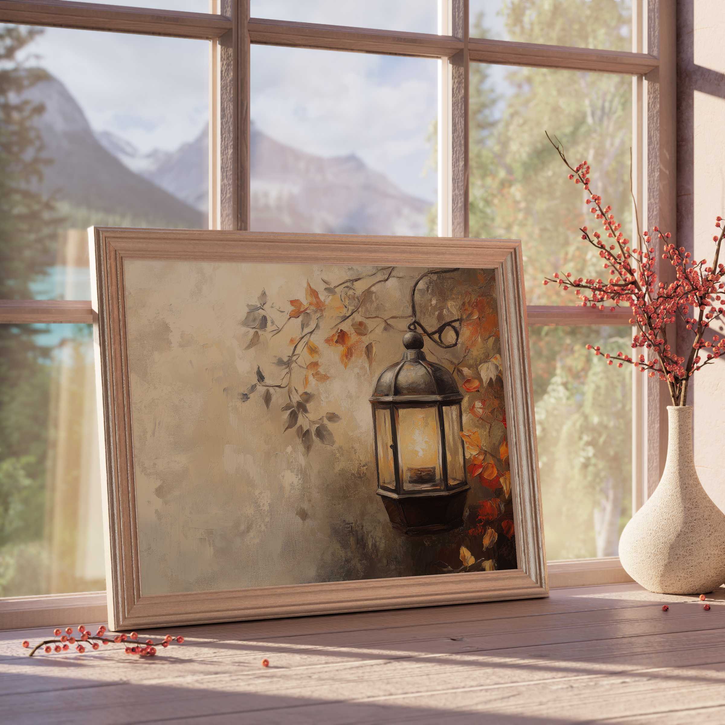 Warm fall downloadable art featuring vintage lantern and autumn leaves, enhancing curated, tranquil, design-forward interiors with timeless elegance