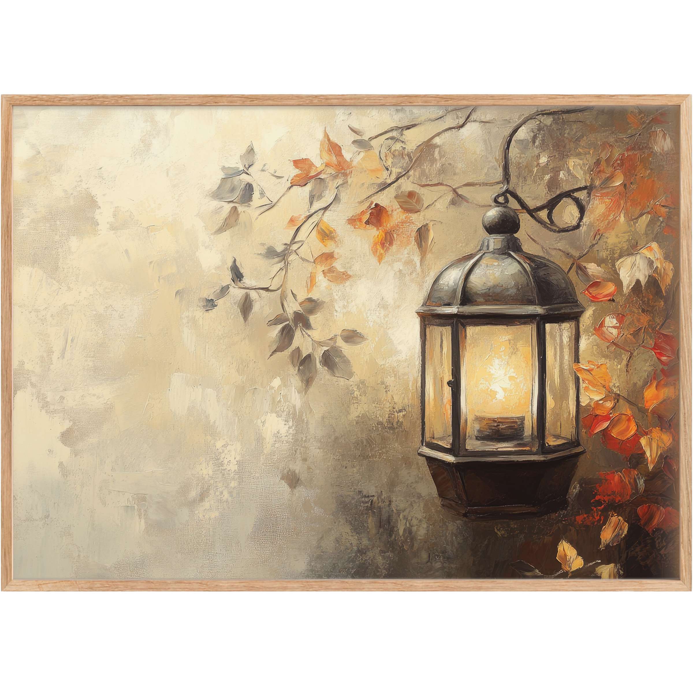 Fall printable wall art featuring a softly glowing lantern and delicate amber leaves, evoking a warm, serene autumn ambiance