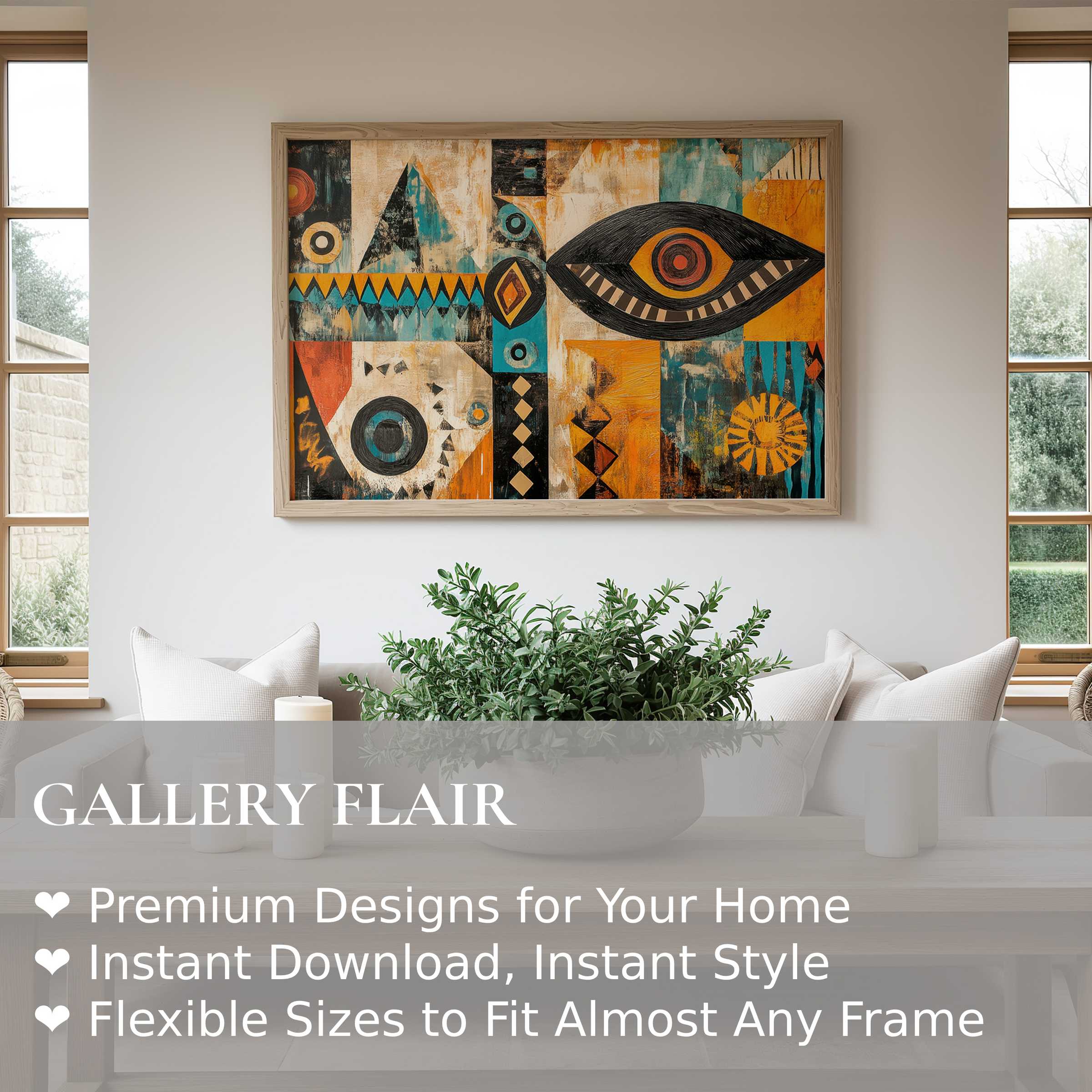 Boho wall art print featuring bold geometric shapes in warm ochre and teal tones, enhancing modern minimal and earthy interiors with vibrant, dynamic energy