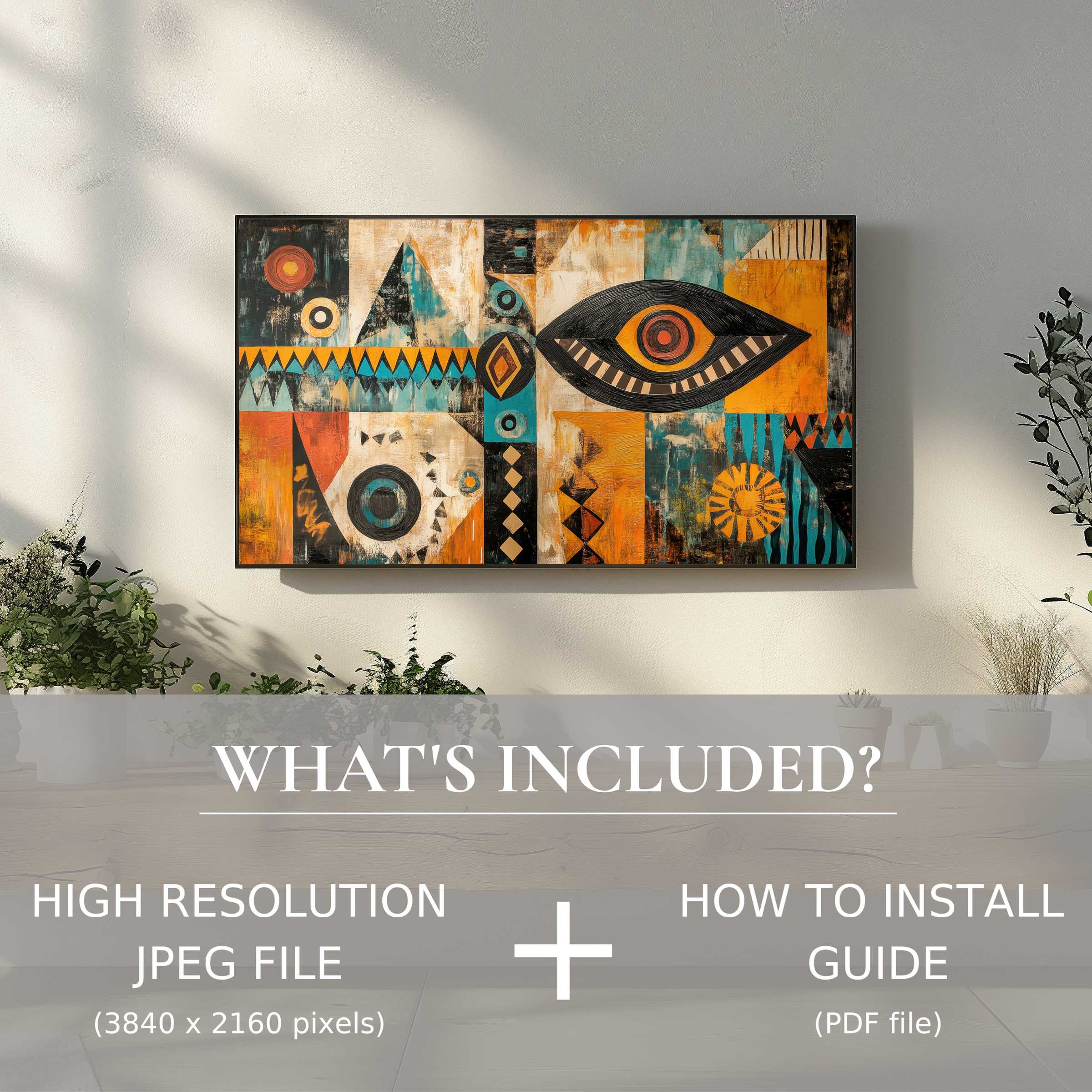 Elegant living room with vibrant boho digital TV art download, easy to use, enriching your modern decor space