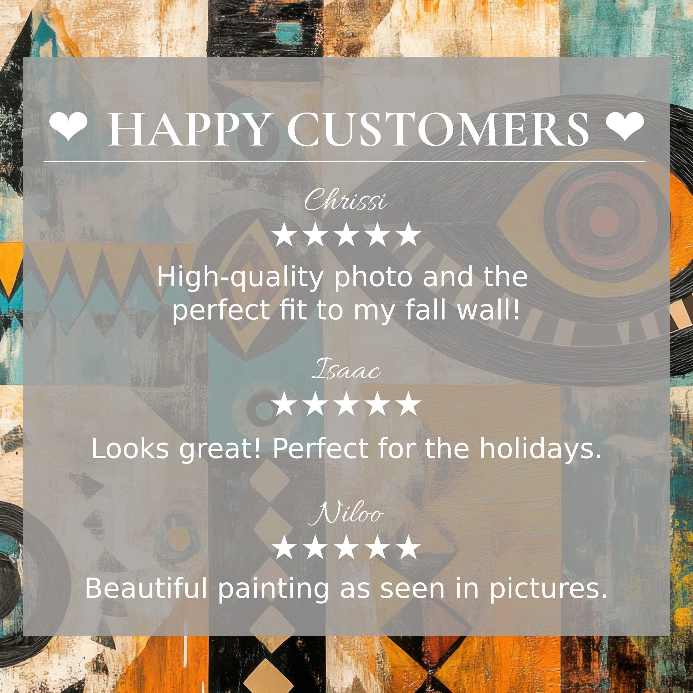 Boho art for Frame TV with abstract sunset hues, showcasing happy customer reviews and elegant, trustworthy design
