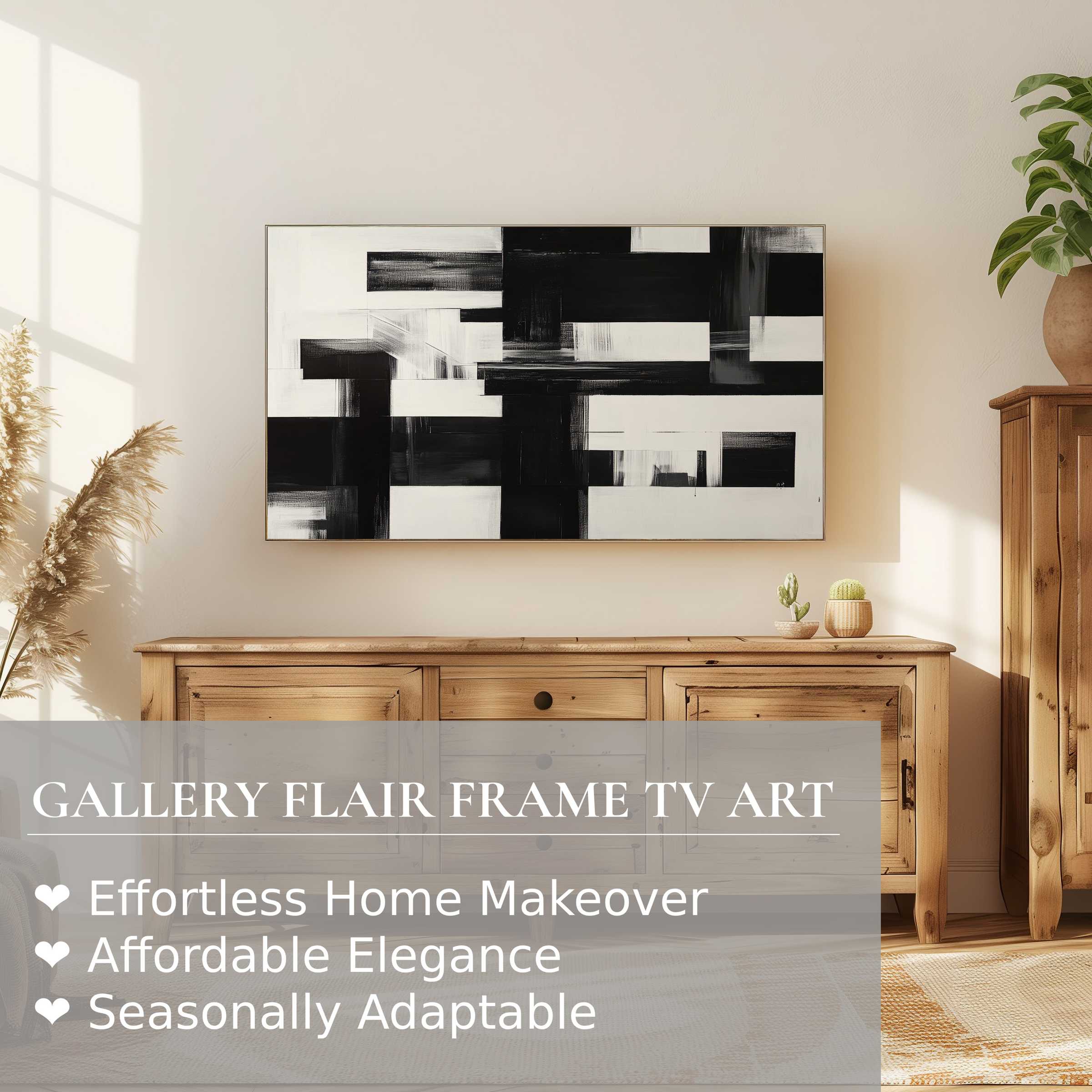 Samsung Frame TV displaying modern digital artwork in monochrome, enhancing elegant, minimalist living spaces with refined style