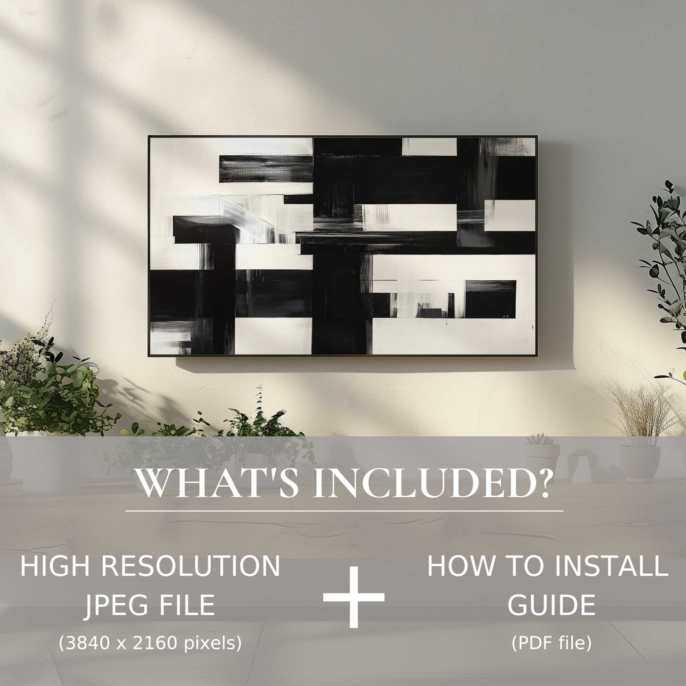 Elegant living space enhanced by a modern digital TV art download, offering easy digital use and bold monochrome style