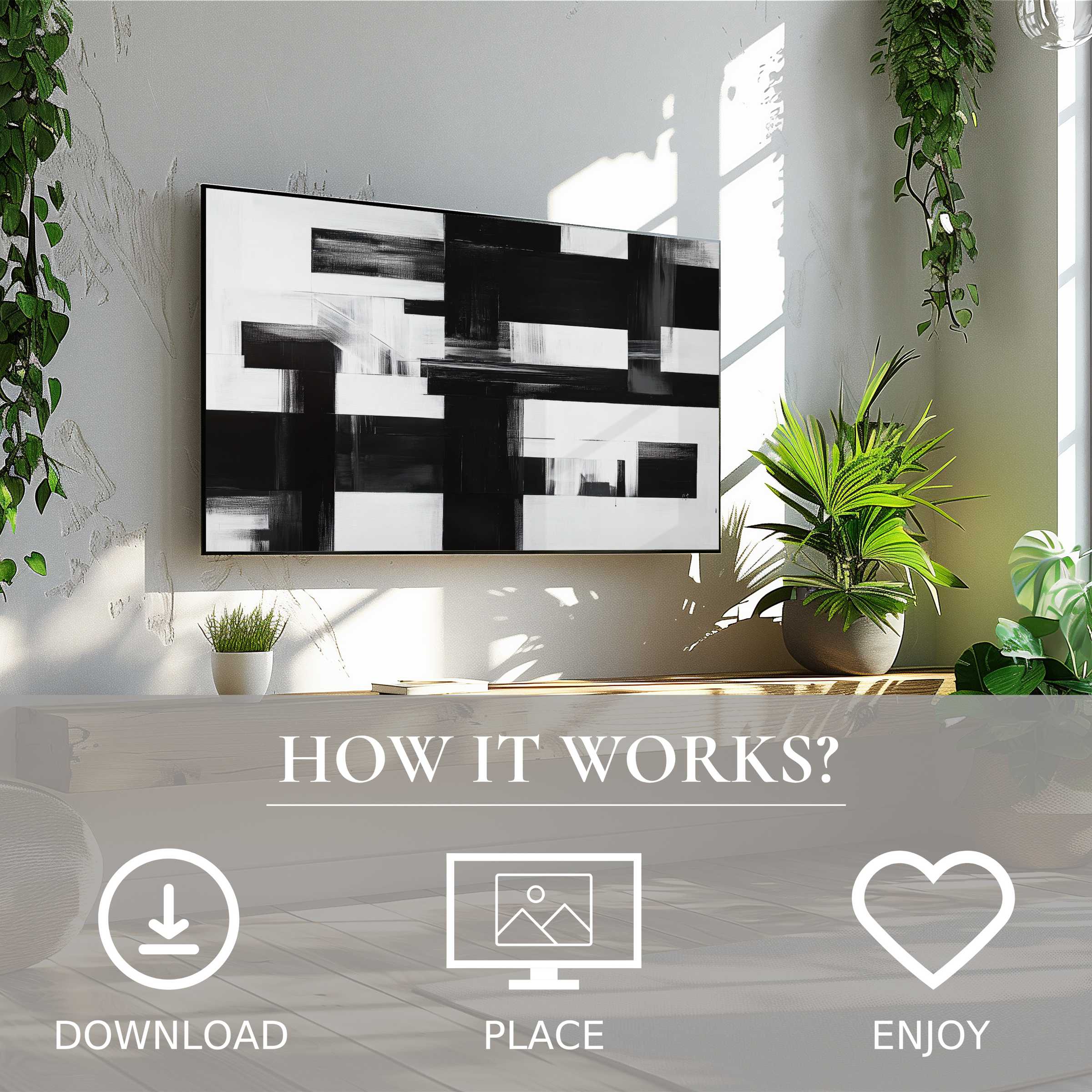 Modern art for Samsung TV: easy digital download with bold black-and-white block motif enriching bright living spaces