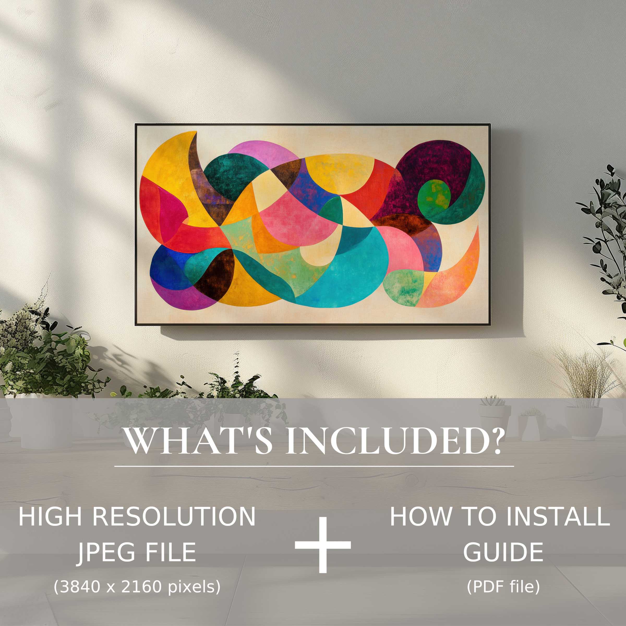 Elegant abstract digital TV art download enhances modern living spaces with easy, high-res digital use and vibrant color harmony