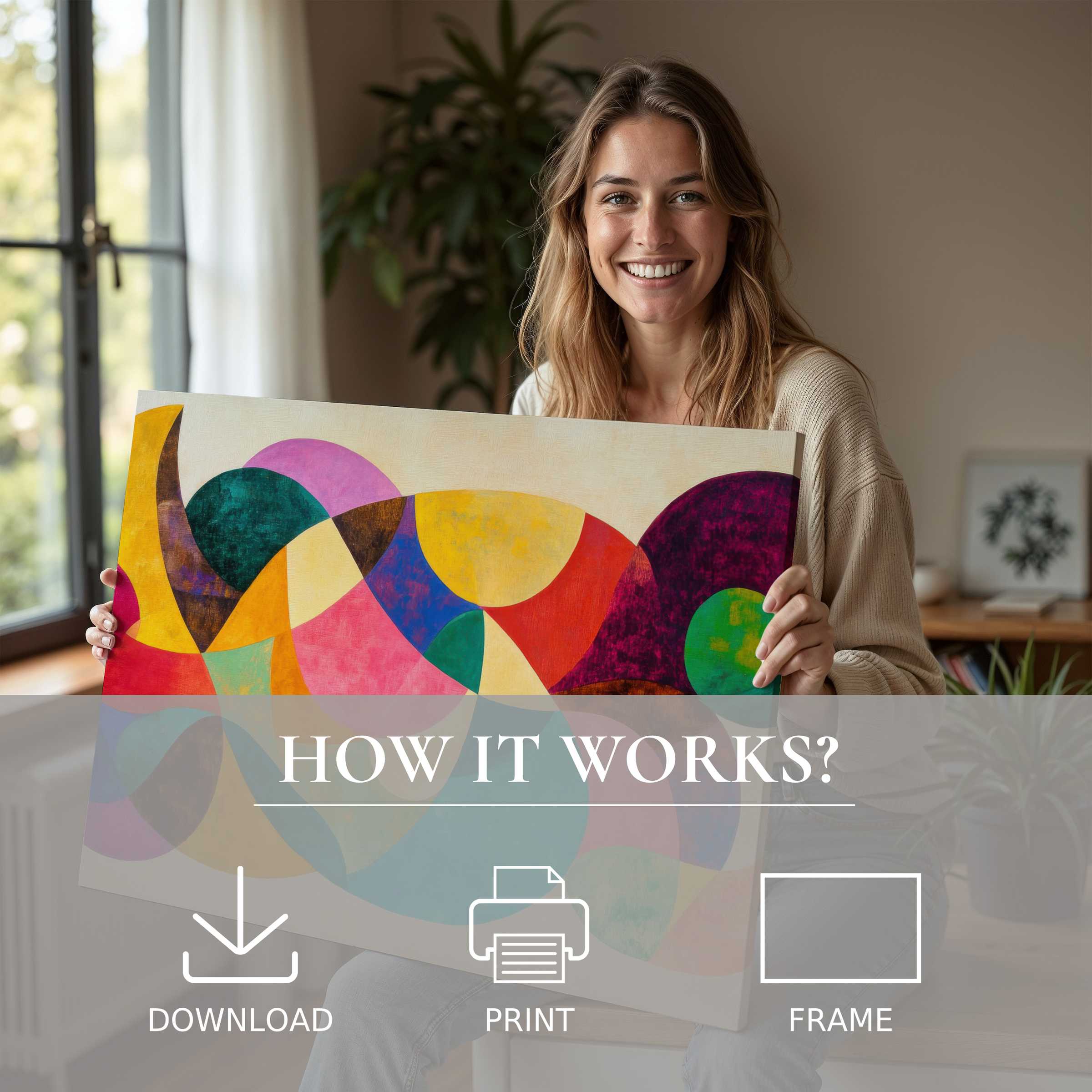 A radiant moment of connection and joy as a modern home embraces vibrant abstract digital art print, effortlessly elevating everyday living