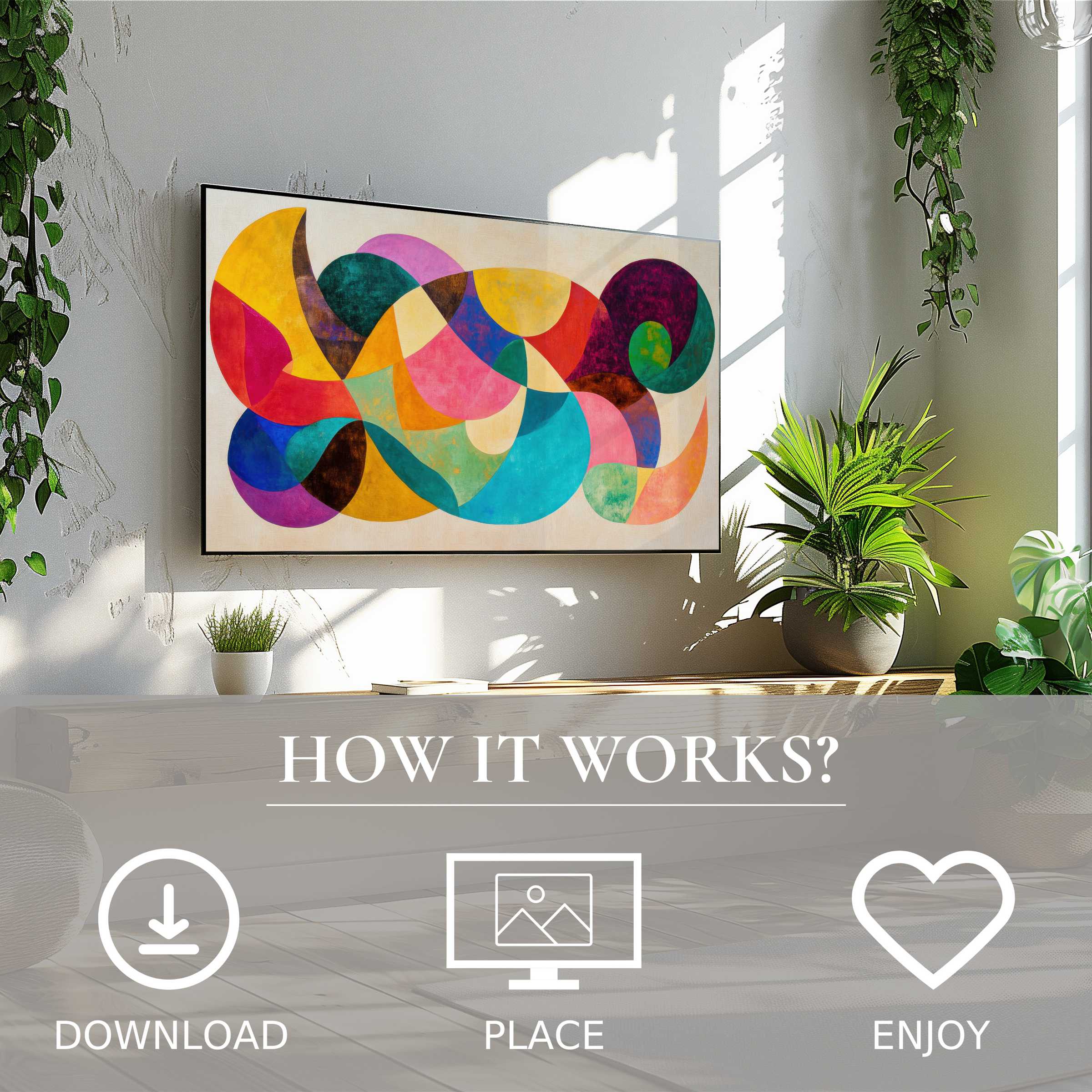 Abstract art for Samsung TV with vibrant color flow, easy digital download enriches modern living spaces beautifully