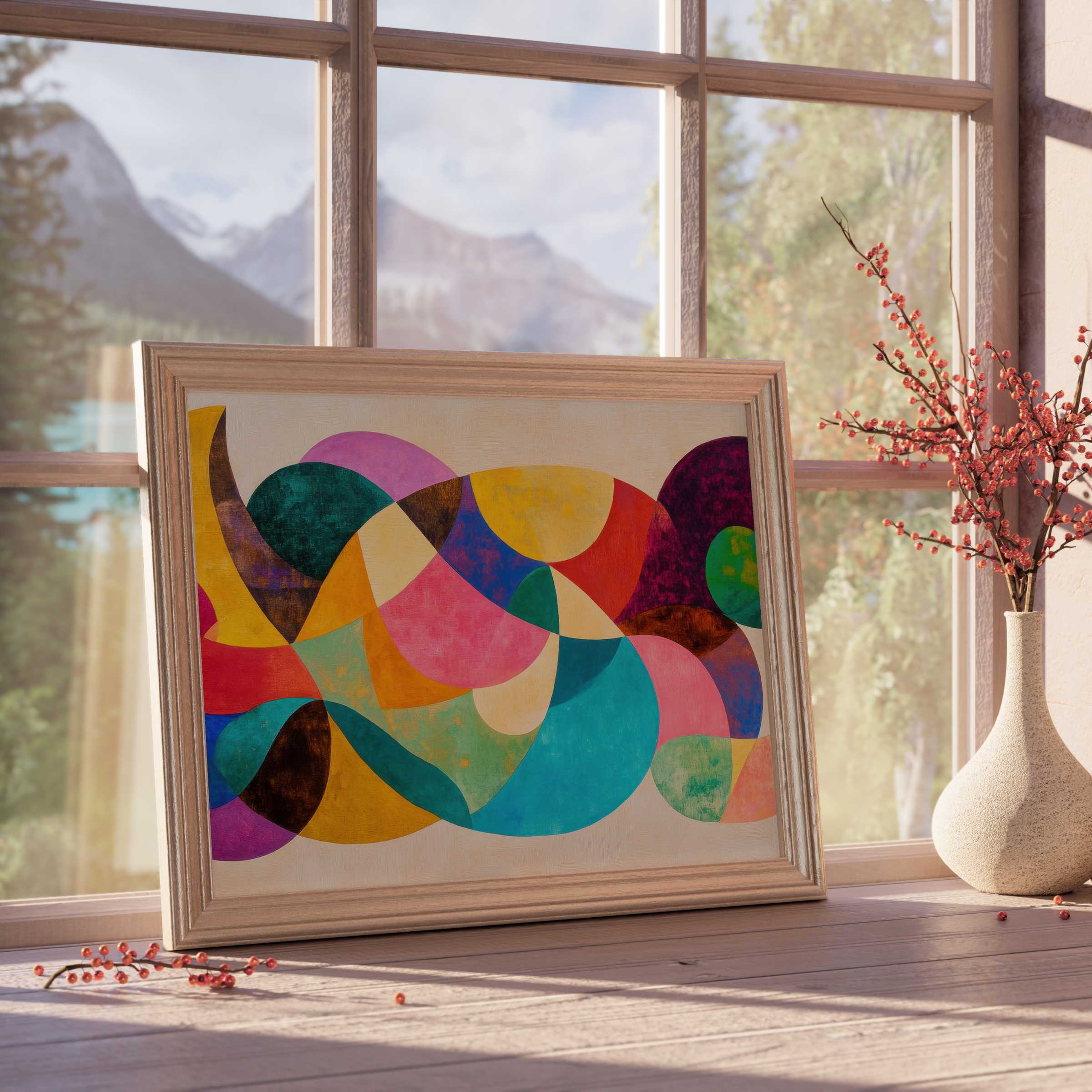 Abstract downloadable art with vibrant geometric curves, uplifting modern elegance for curated, tranquil living spaces