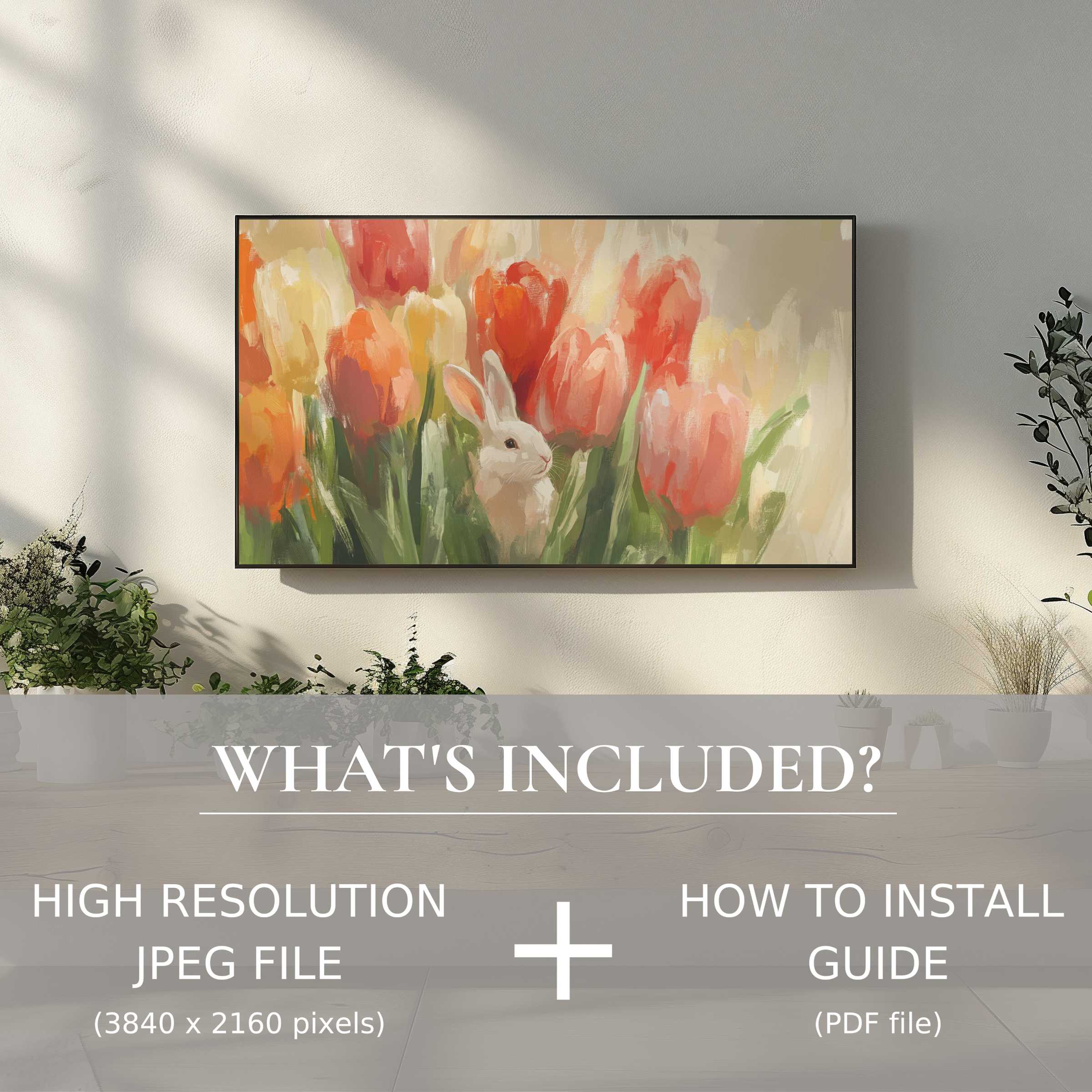 Elegant living room with easter digital TV art download of soft tulips and bunny, easy to use and enriches space
