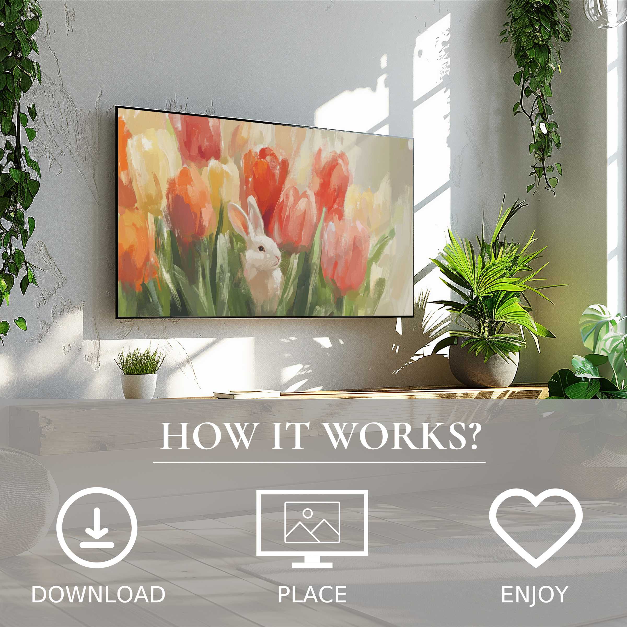 Modern living room with easter art for Samsung TV, featuring soft tulip tones and a bunny; easy digital download enriches space