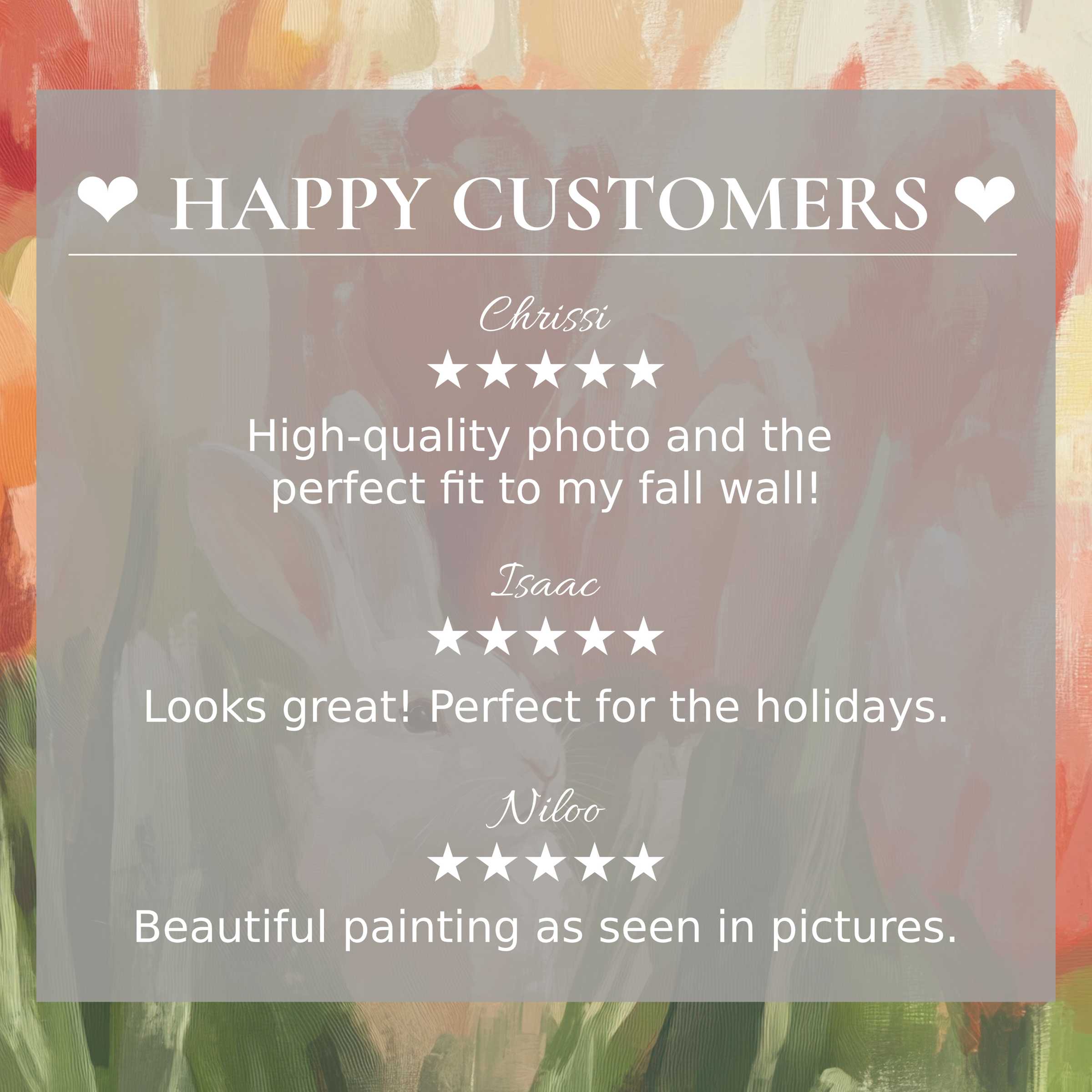 Elegant easter art for Frame TV with abstract sunset hues, showcasing happy customer reviews that build trust