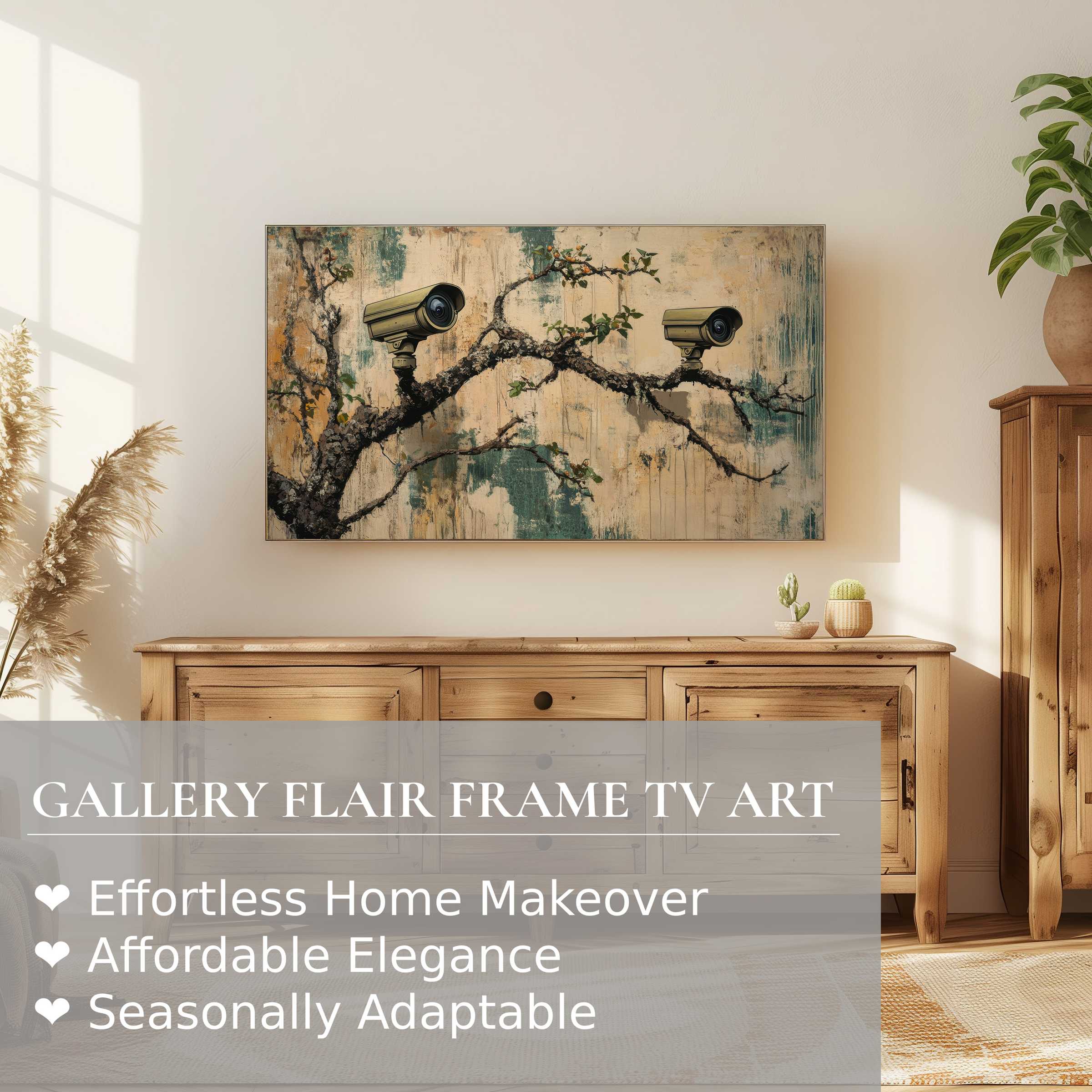 Modern living room with Samsung Frame TV displaying street art digital artwork of branches and cameras