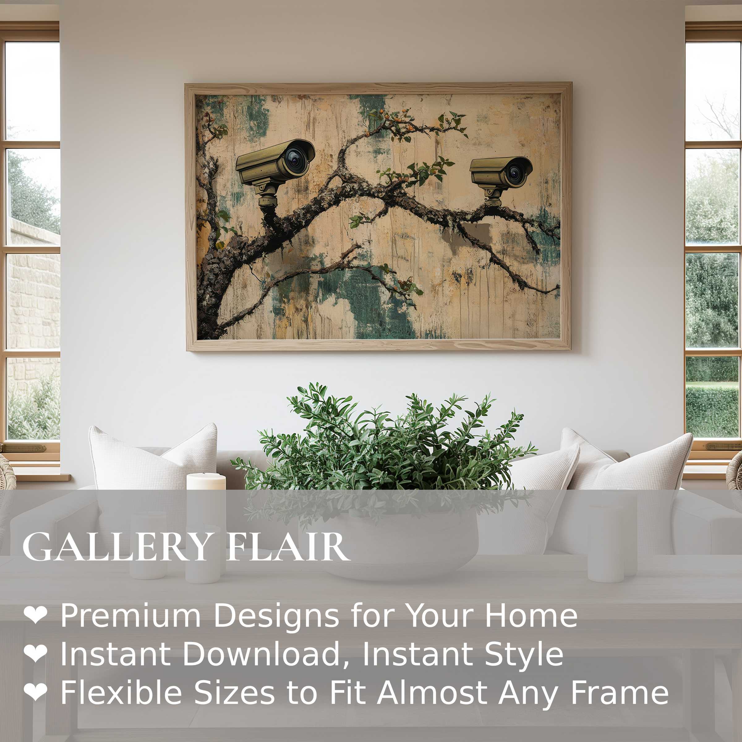 Bold street art wall art print featuring surveillance cameras on organic branches, radiating modern urban edge and intrigue Elevates contemporary minimalist interiors with its striking fusion of nature and industrial elements, adding depth and thought-provoking contrast to serene living spaces Perfect for style-conscious collectors seeking distinctive urban decor with a sophisticated vibe