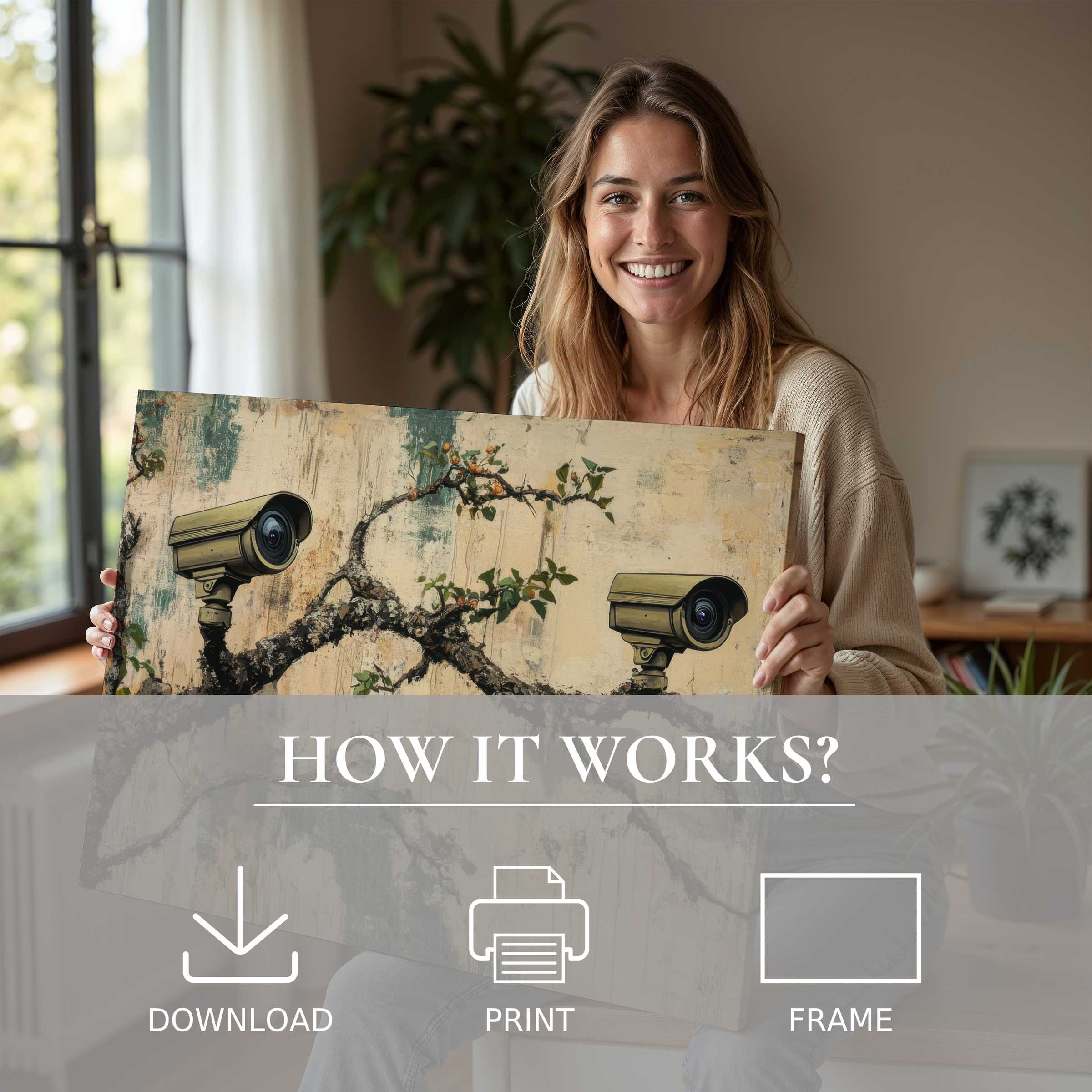 Radiant joy illuminates a serene moment as street art digital art print breathes modern elegance into effortless home decor