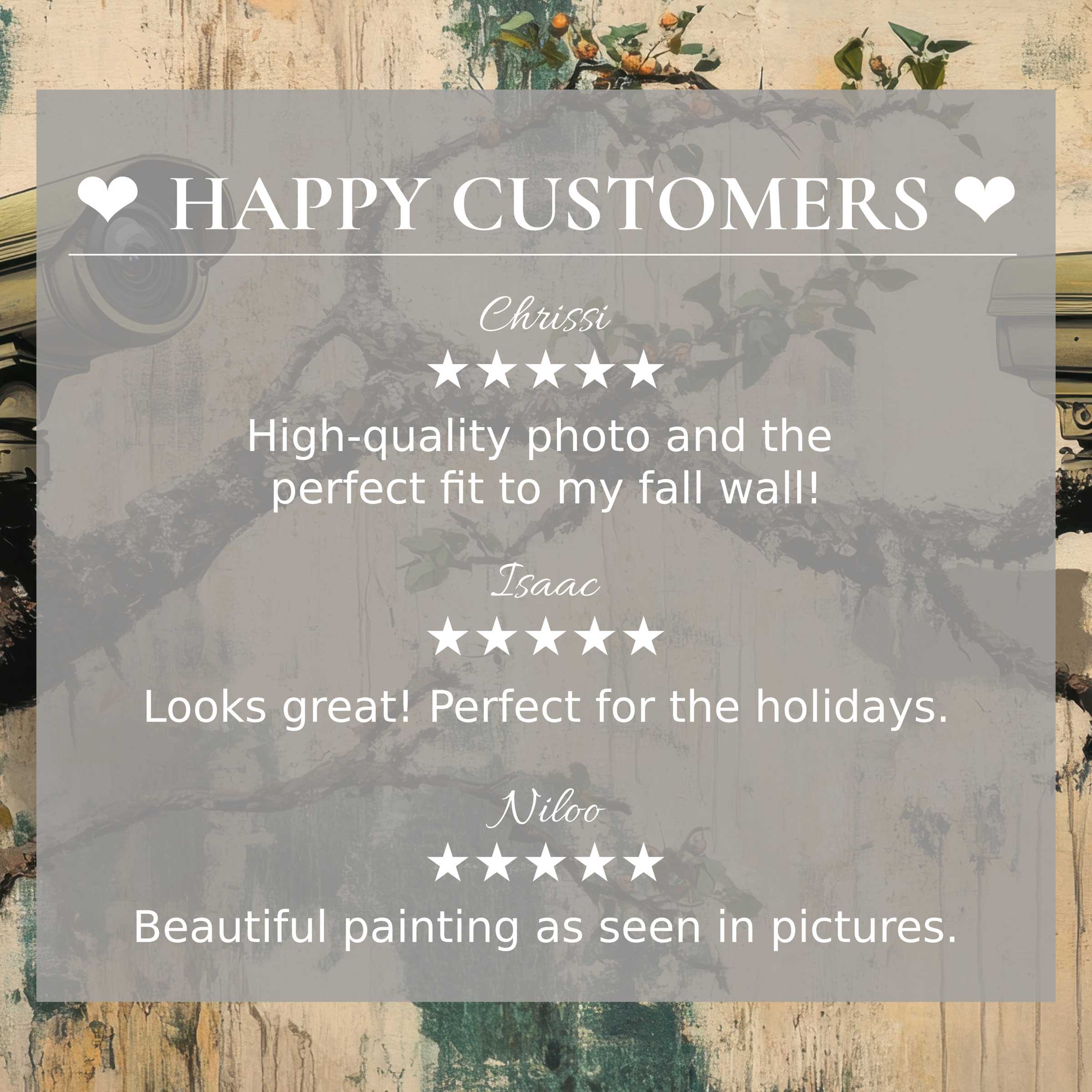 Elegant street art for Frame TV with abstract sunset hues, featuring happy customer reviews that inspire trust and refinement