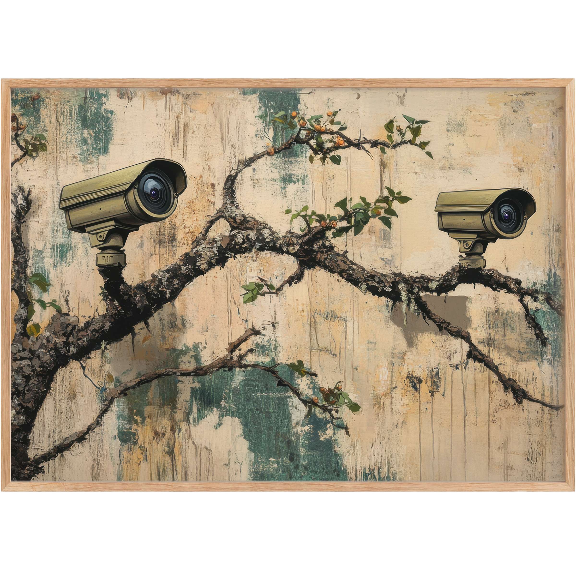 Bold street art printable wall art blending nature and technology, with deep greens and earthy tones creating a thought-provoking, edgy ambiance