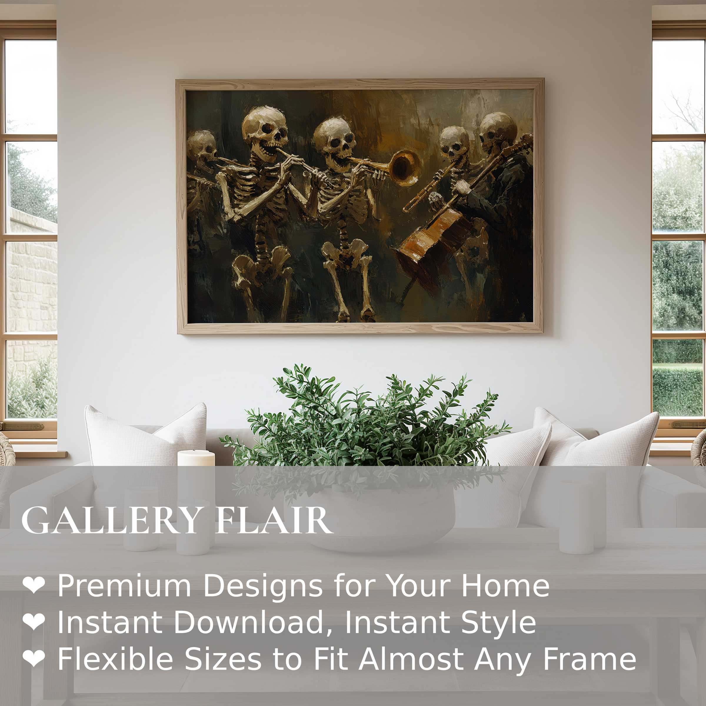 Halloween wall art print featuring evocative skeleton musicians in rich, moody tones elevates modern minimalist living spaces with bold, artistic intrigue