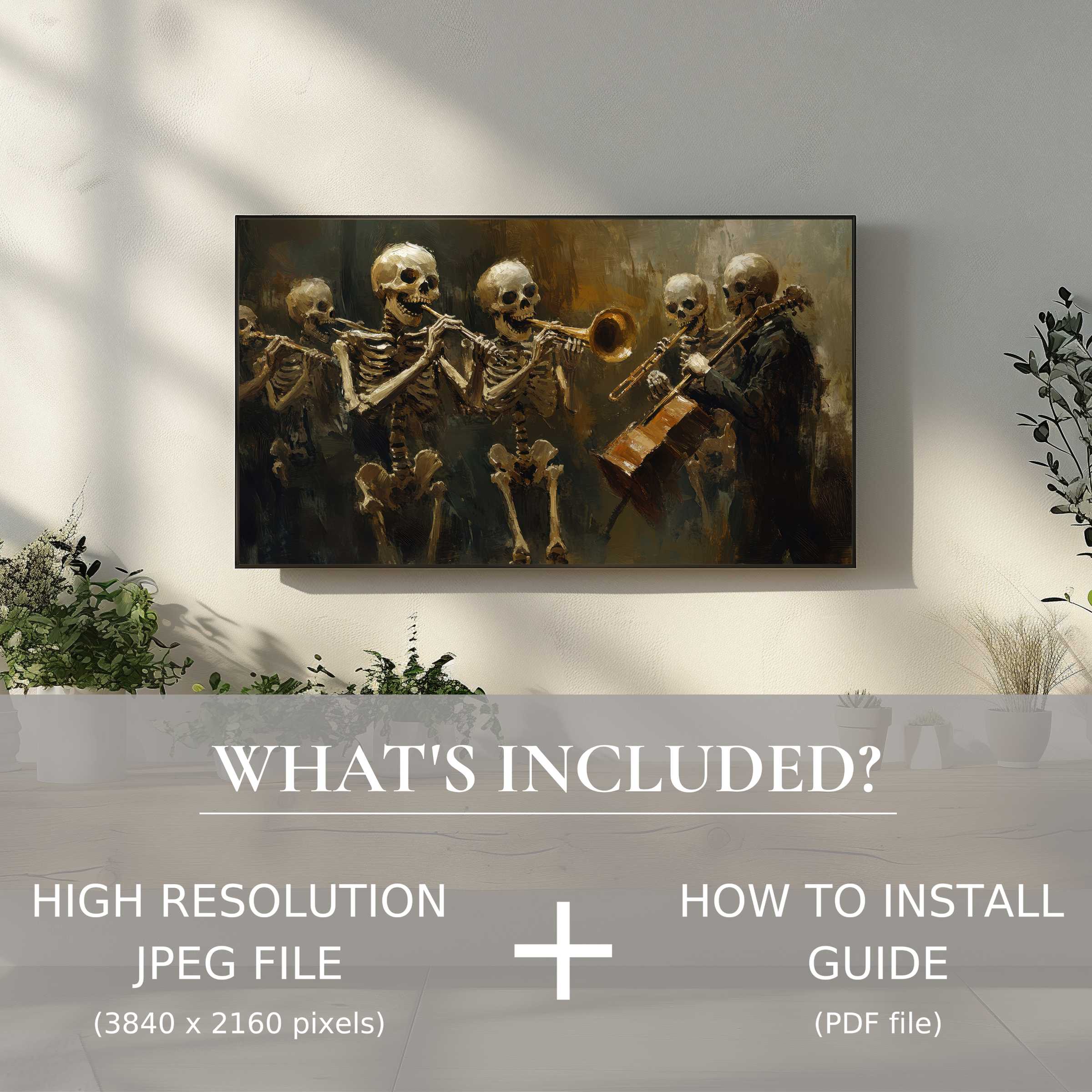 Stylish living room with skeleton jazz band on screen, a halloween digital TV art download enhancing ambiance with ease