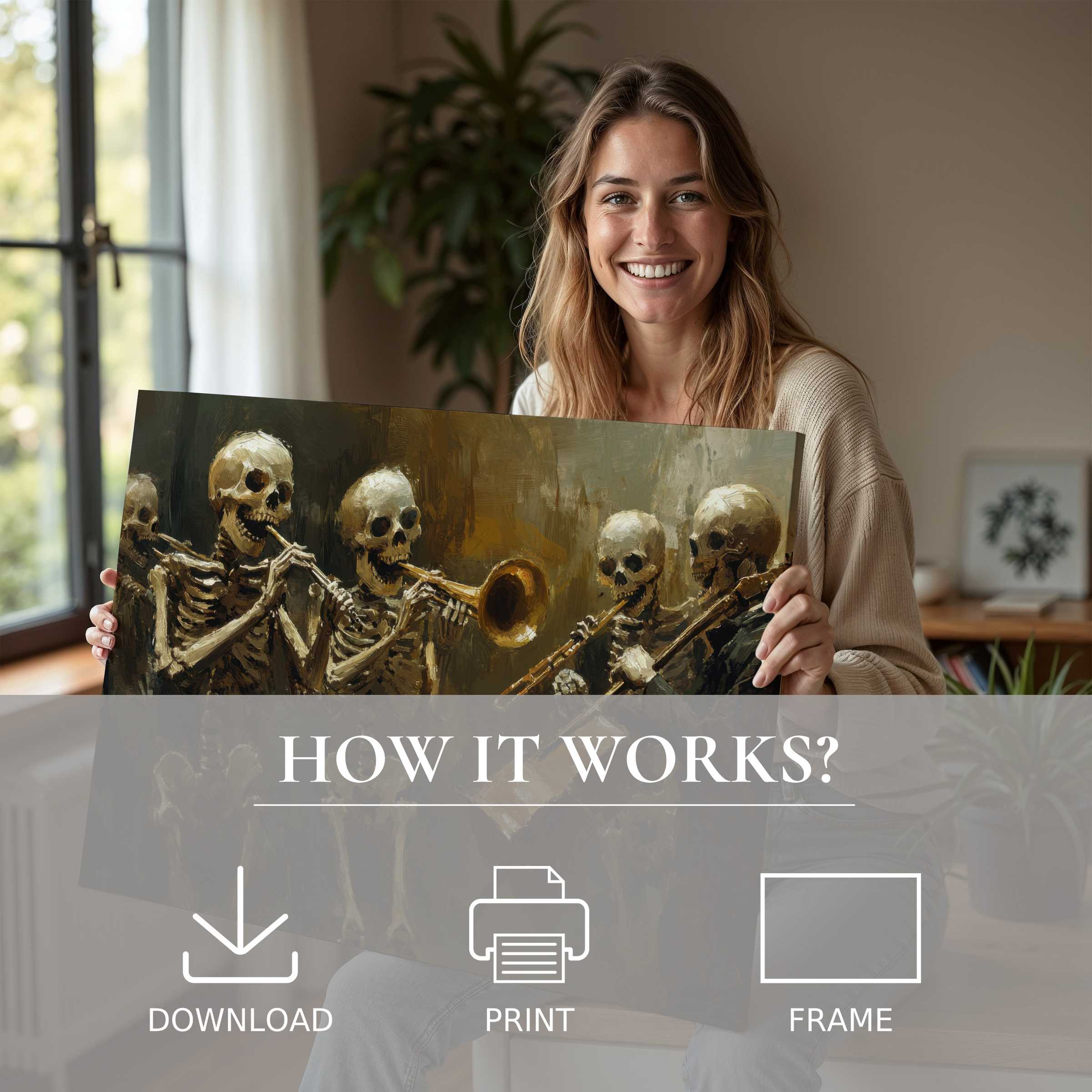 A serene moment of joy in a stylish home, connecting through a Halloween digital art print that enriches space with timeless, evocative charm