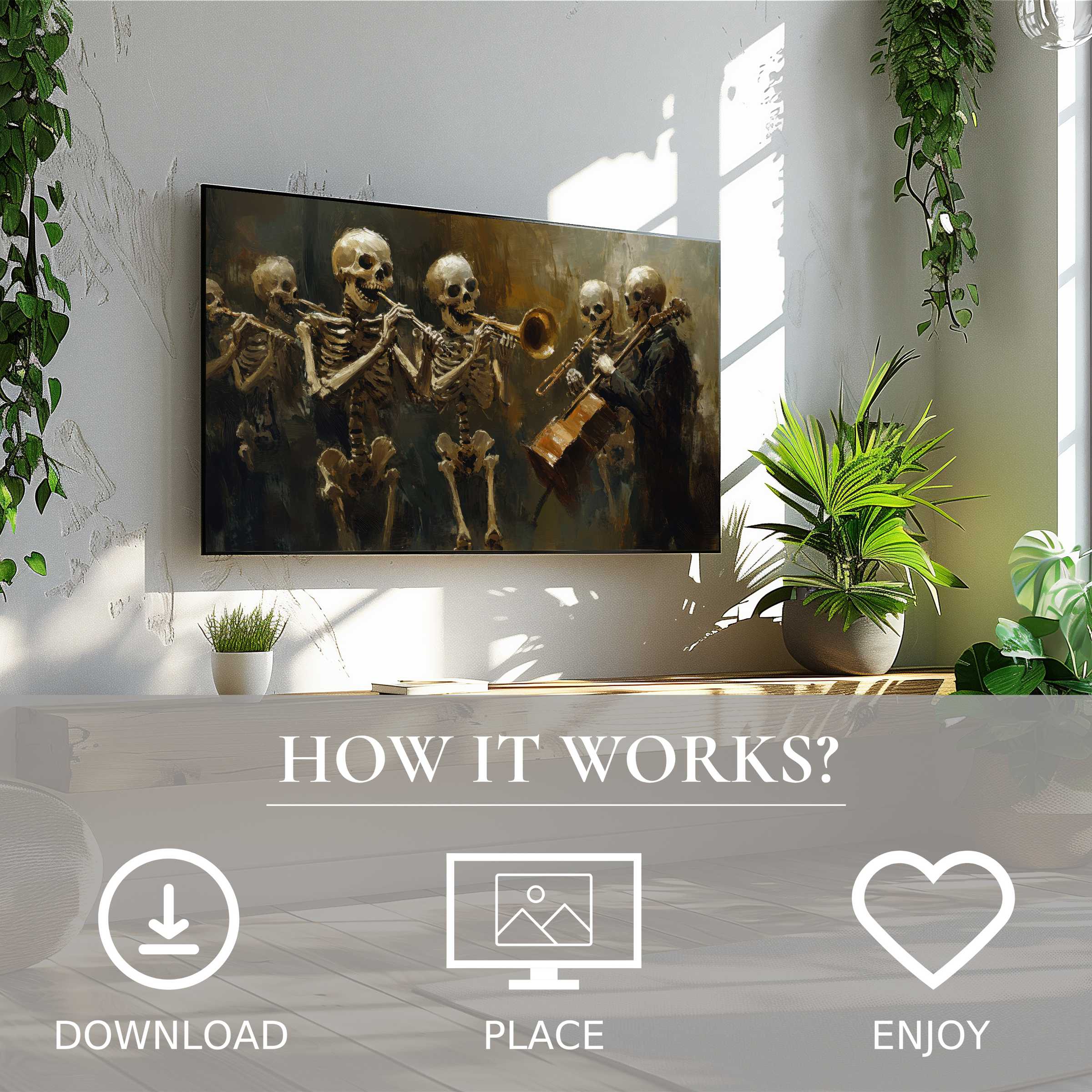 Modern living room with easy digital download; halloween art for Samsung TV shows spooky skeleton musicians in dark tones