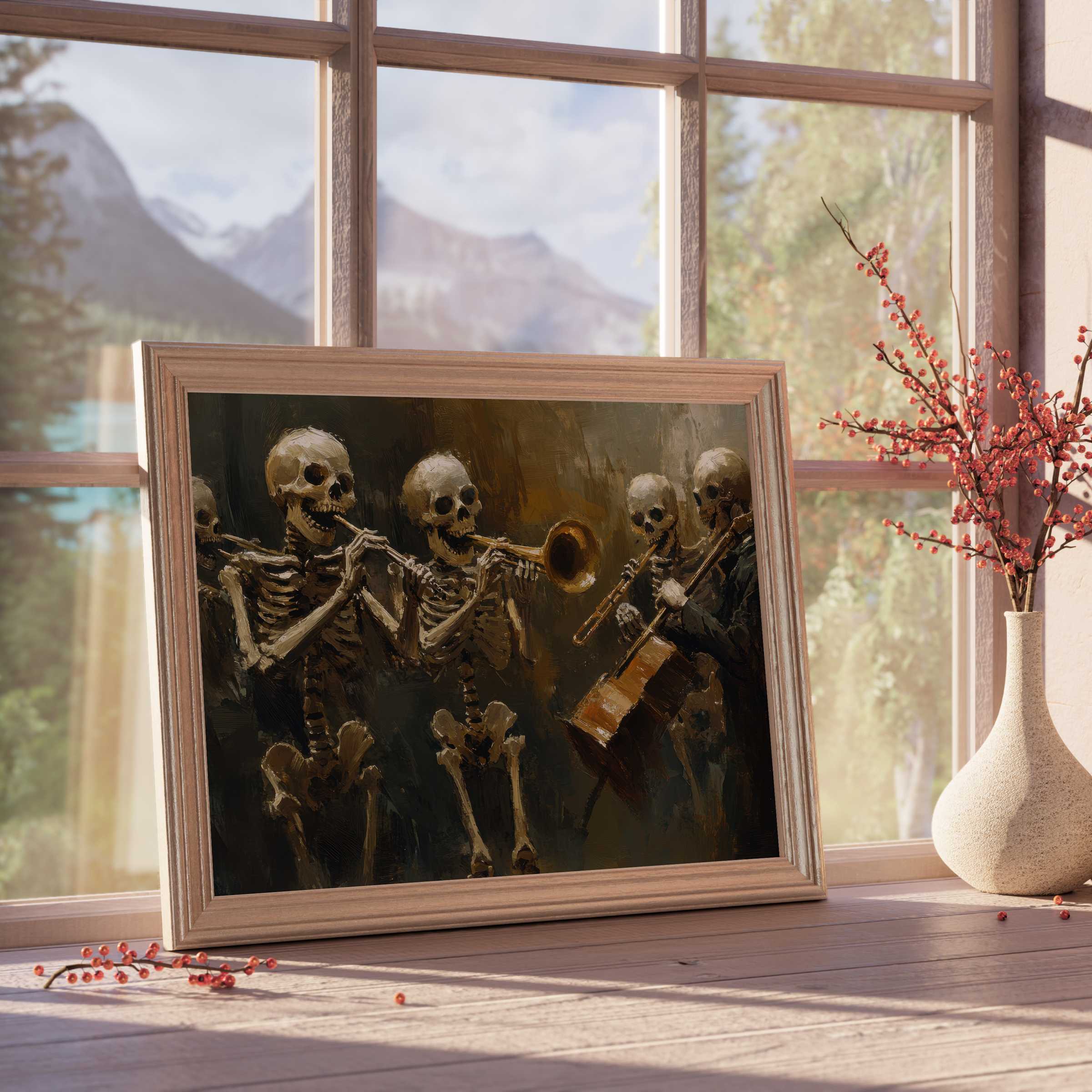 Halloween downloadable art featuring an elegant skeleton quartet in warm, moody tones, perfect for curated, design-forward interiors