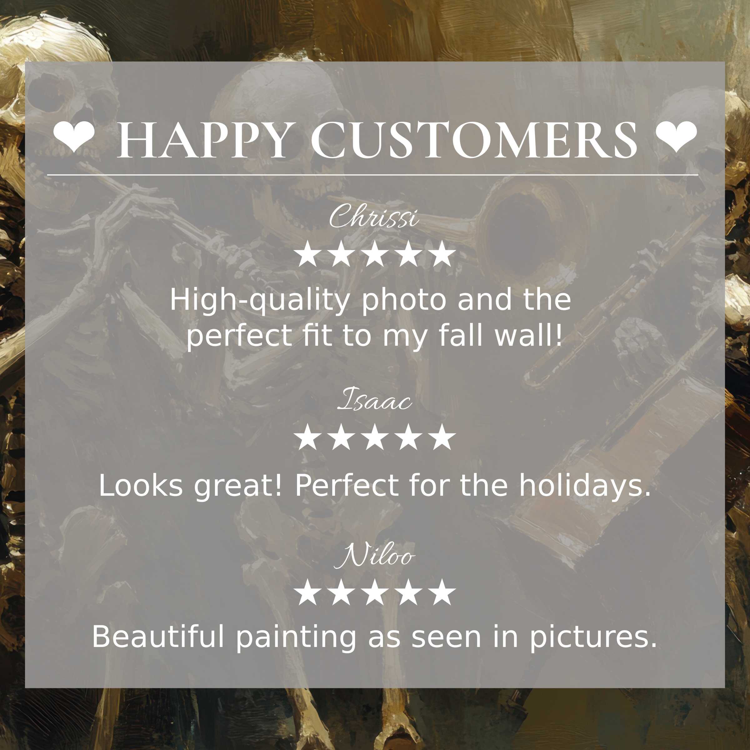 Elegant review layout with skeletal band artwork background, showcasing happy customer trust in halloween art for Frame TV