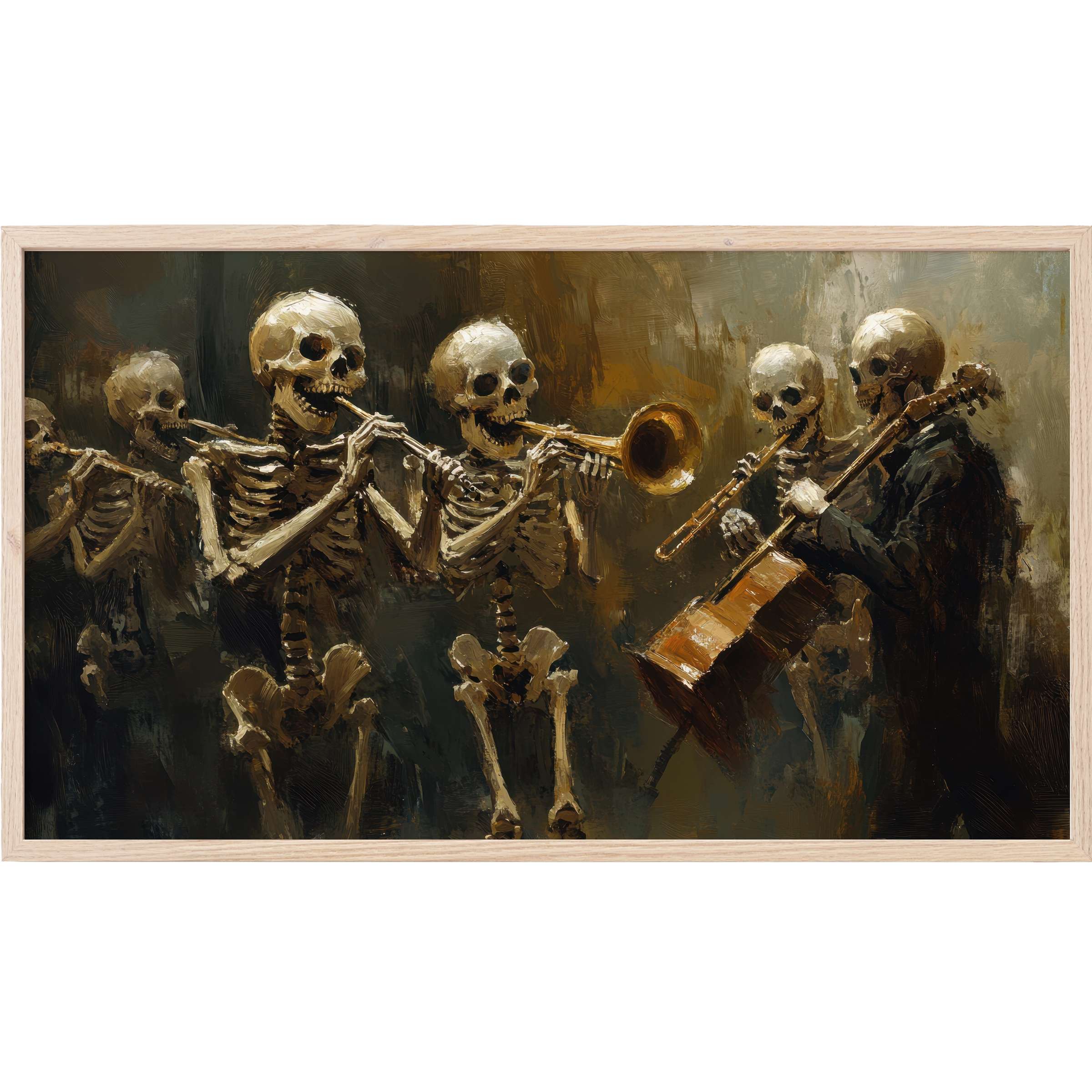 Elegant halloween Frame TV Art depicting a skeletal jazz band in muted earth tones with a textured painterly style