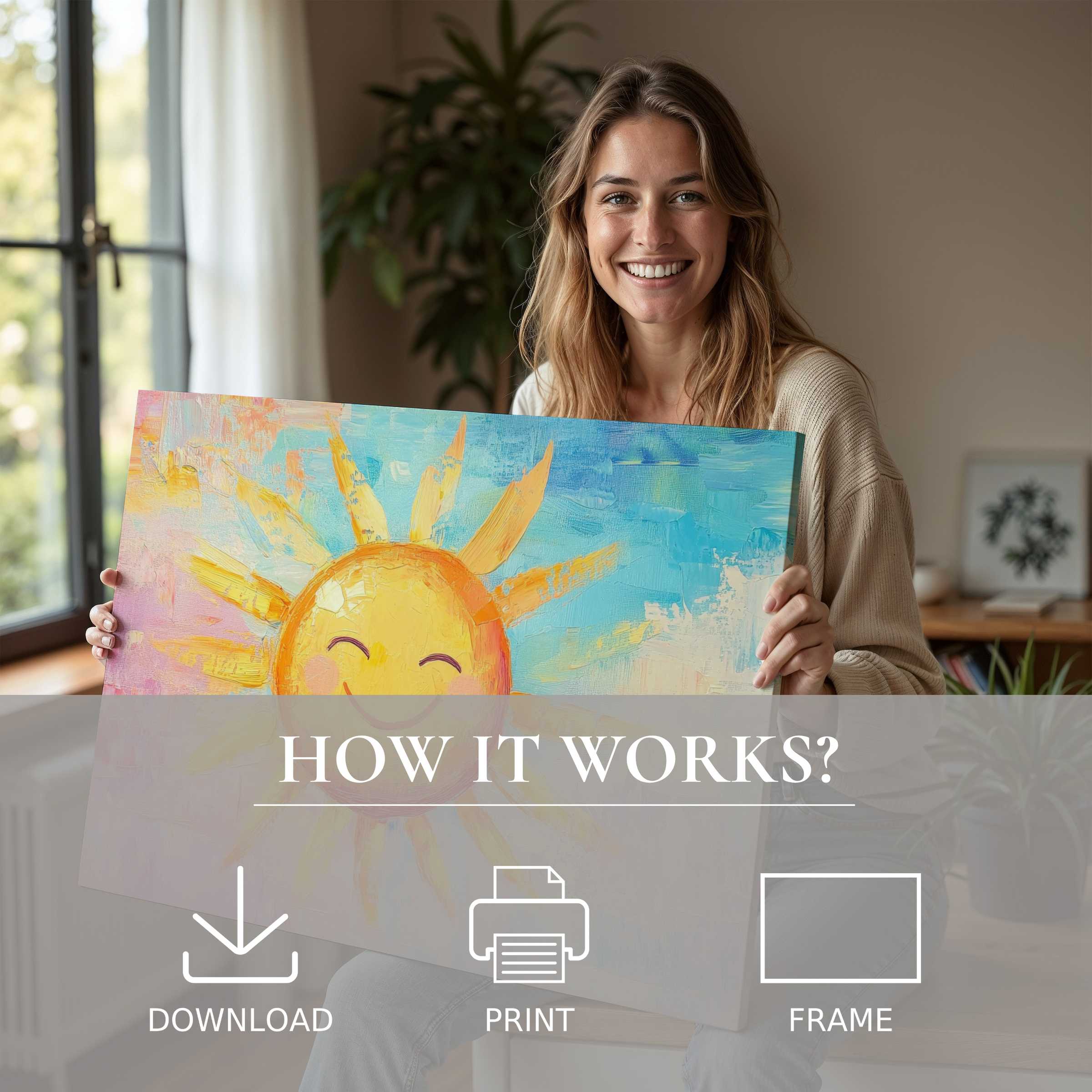 Bright nursery digital art print radiates warmth and joy, embraced in a serene, stylish home where effortless elegance meets heartfelt connection