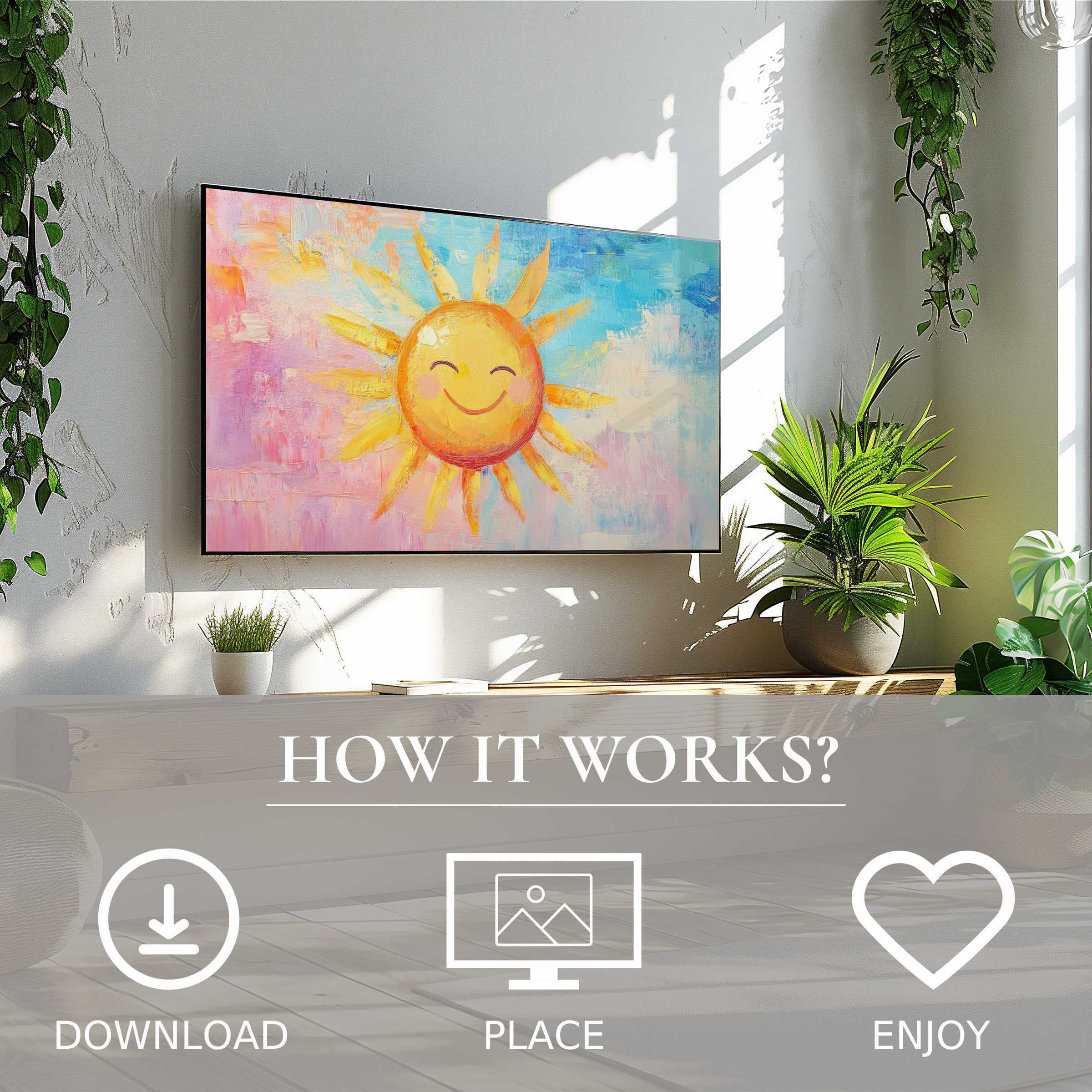 Bright nursery art for Samsung TV shows a smiling sun in soft pastel tones, easy digital download for lively decor