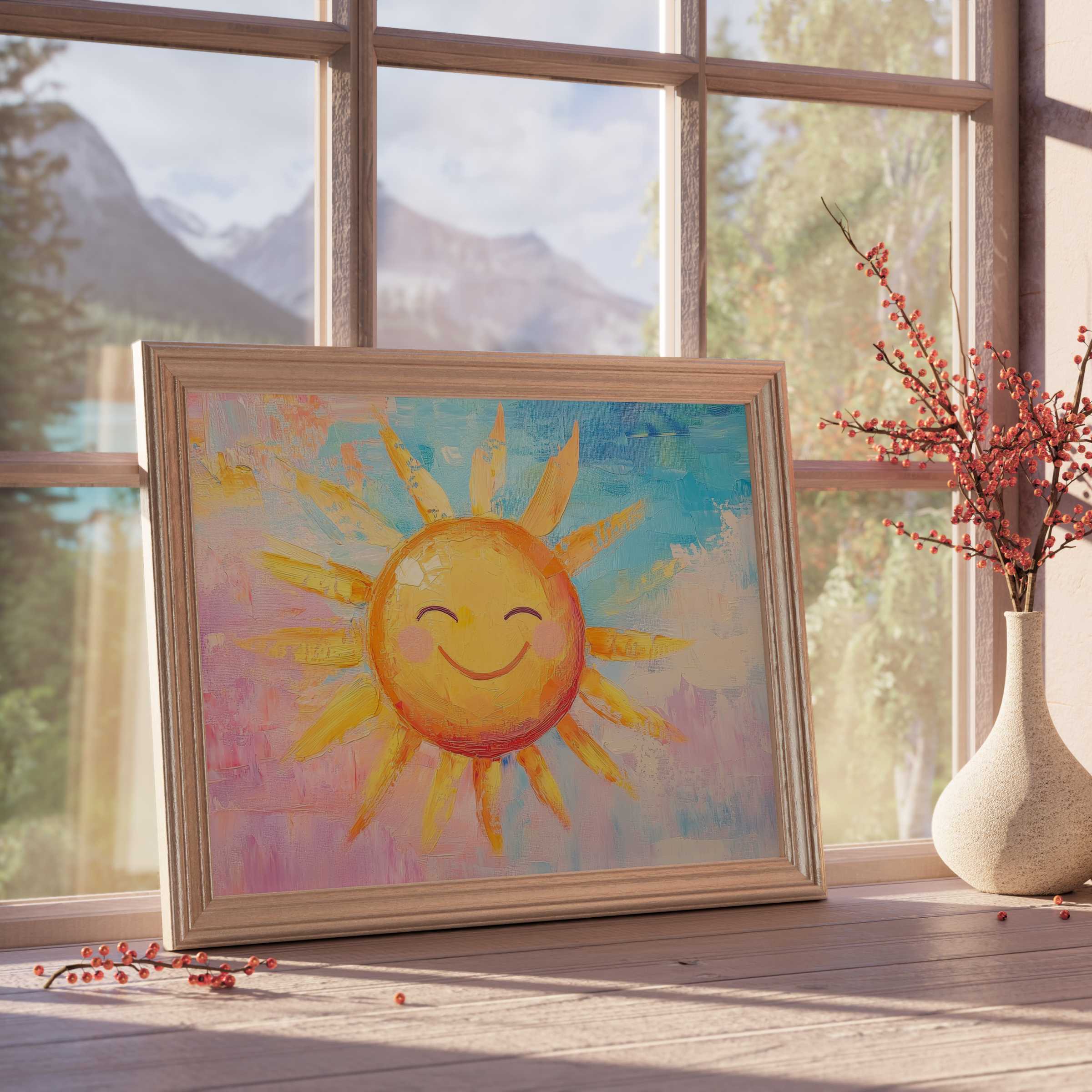 Bright nursery downloadable art featuring a smiling sun in warm pastels, perfect for creating calm, stylish kids’ rooms