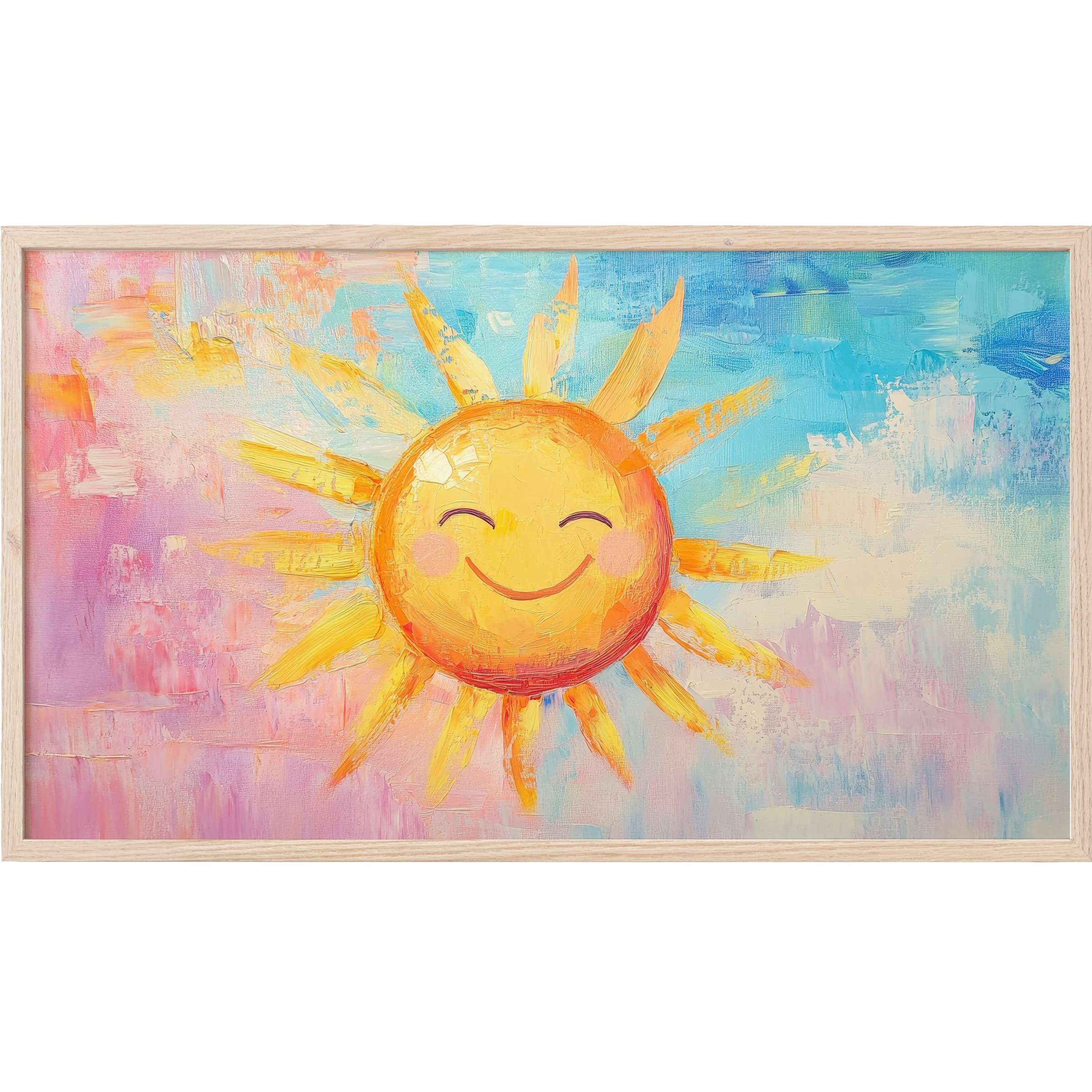 Smiling sun in textured yellows with pastel pink and blue background, bright and cheerful nursery Frame TV Art