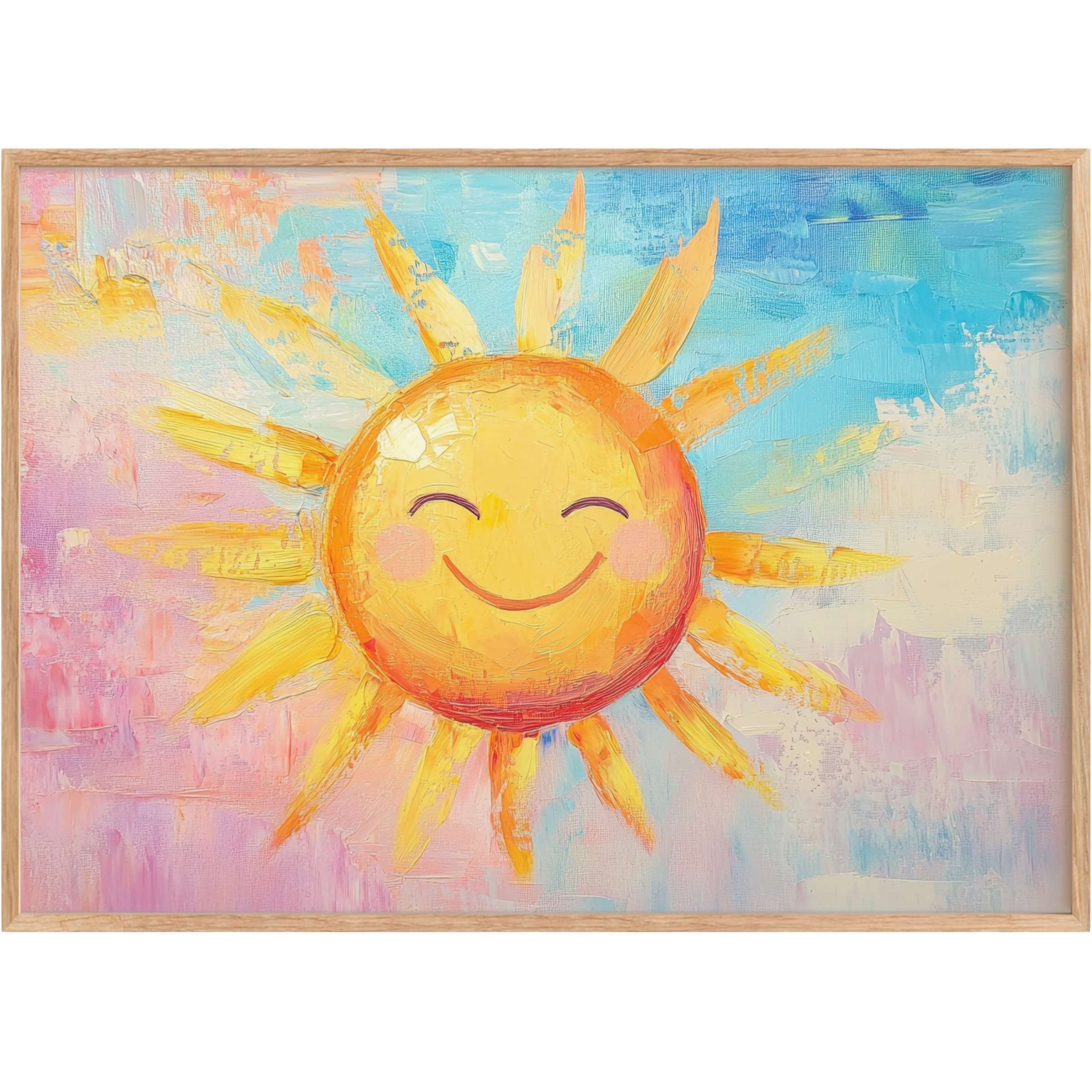 Radiant nursery printable wall art featuring a cheerful sun in warm yellows and soft pastel pinks and blues, evoking joy and serenity