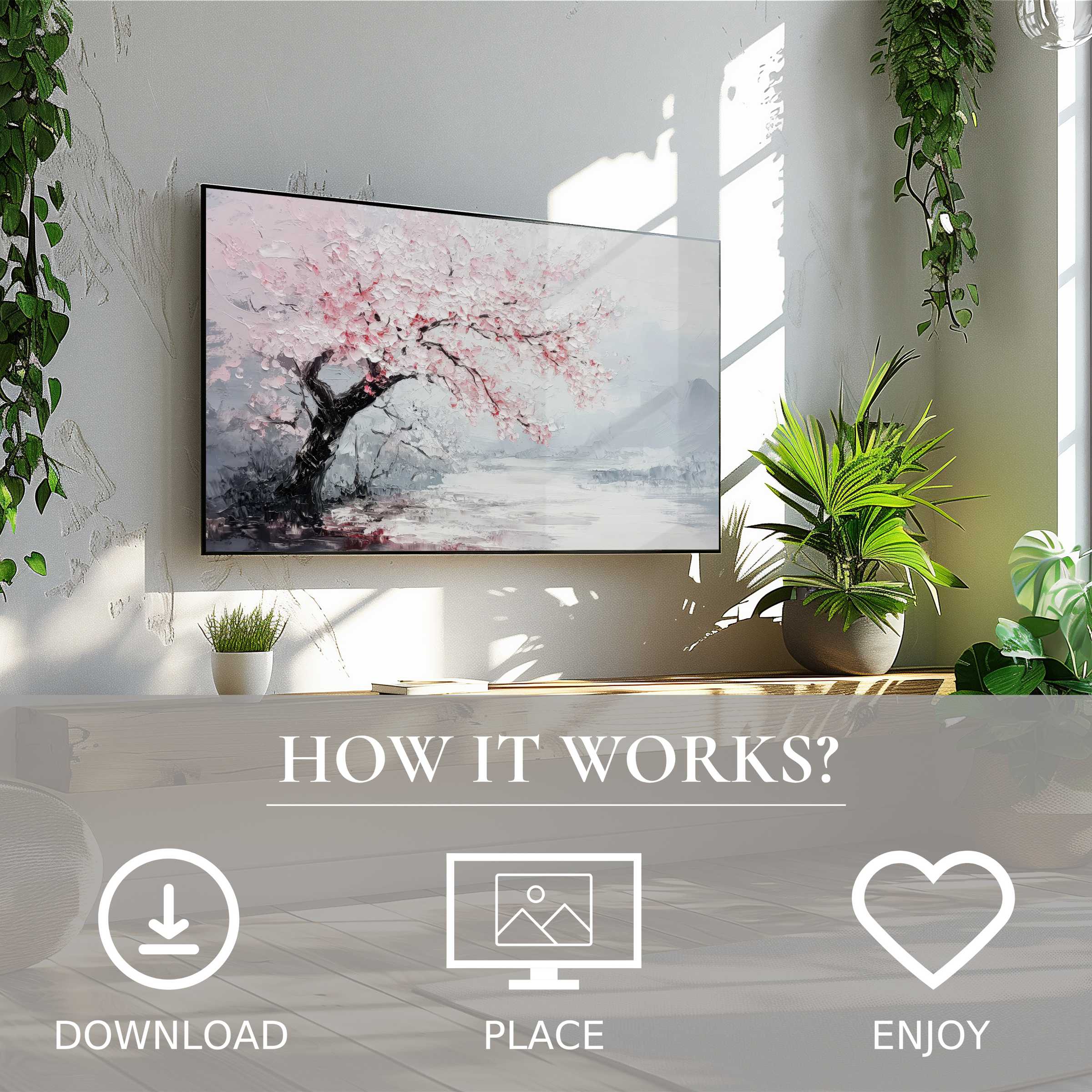 Tree art for Samsung TV in soft pink hues, easy digital download to enrich modern living spaces with serene beauty