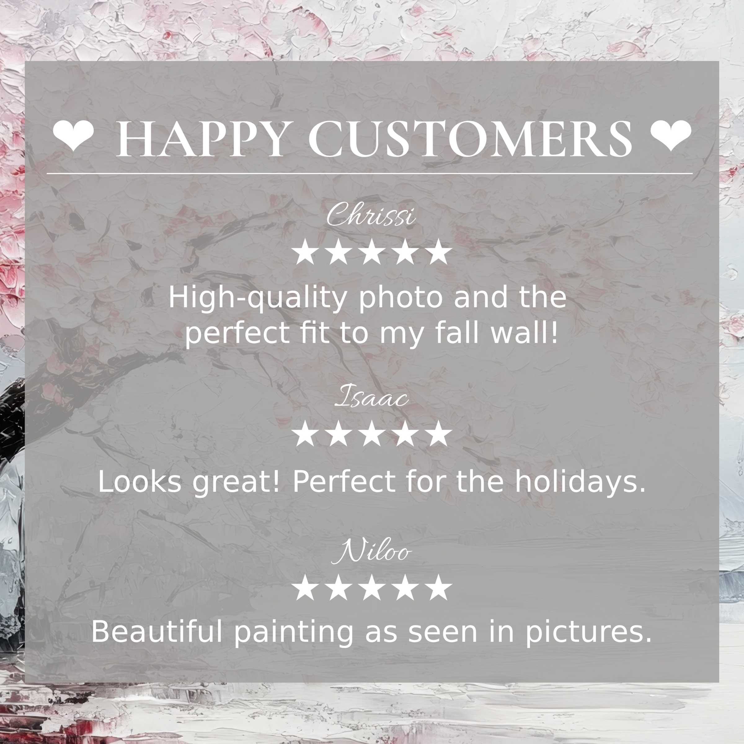 Trees art for Frame TV with abstract sunset hues, showcasing happy customer reviews and refined, trusted elegance