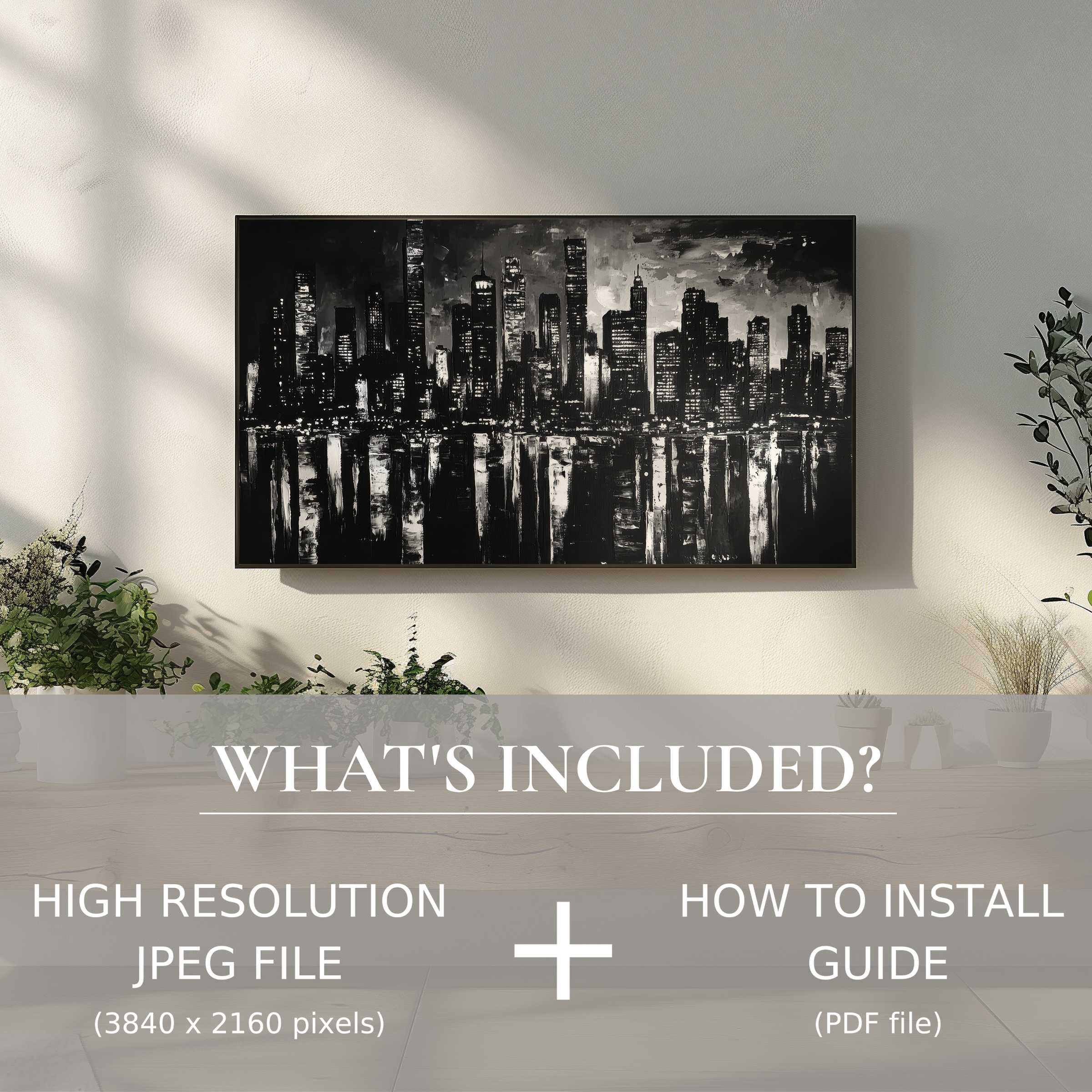 Elegant black and white digital TV art download; easy to use, transforming living spaces with modern cityscape charm