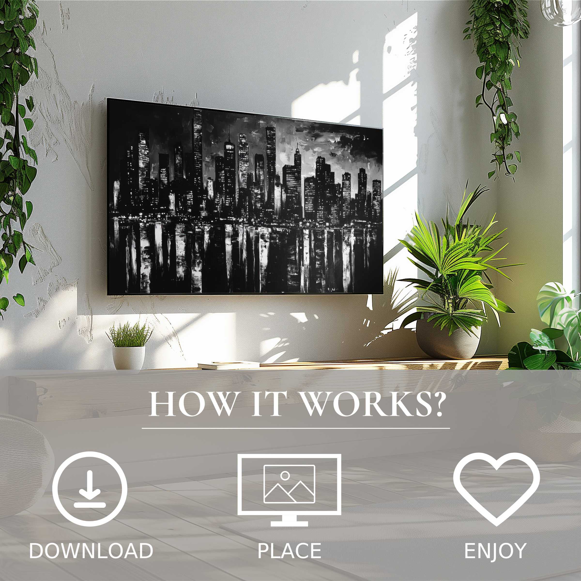Black and white art for Samsung TV with sleek cityscape motif, easy digital download enhances modern living spaces